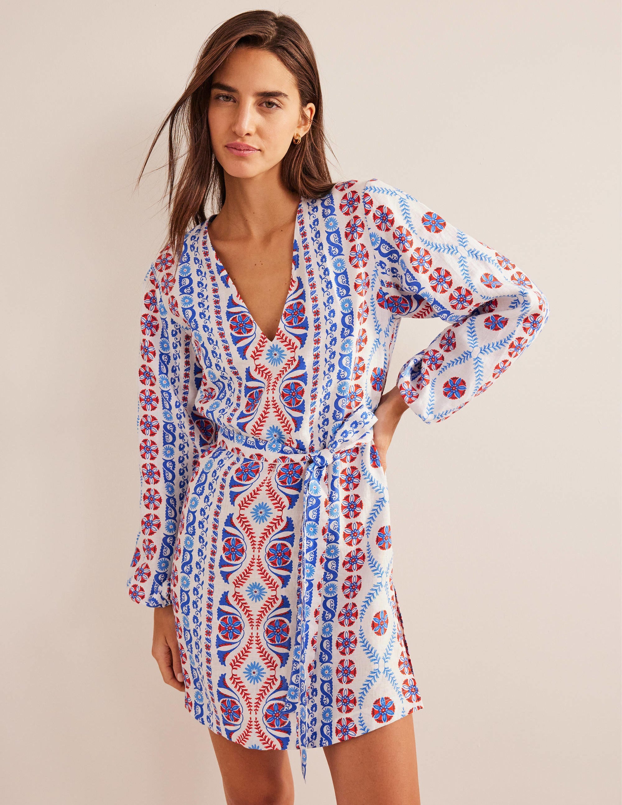 V-Neck Tie Waist Mini Kaftan-Meadow Spring, Opulent Stripe - Image 4