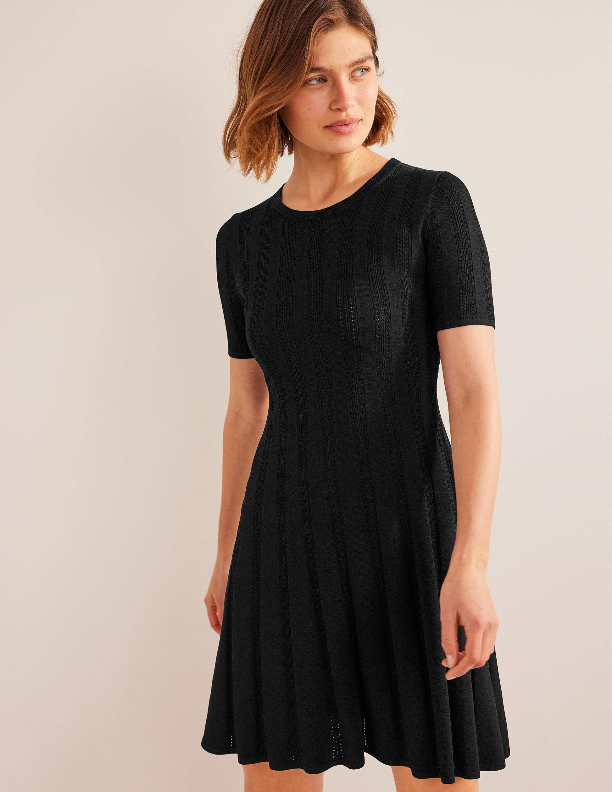 Flared Stitch Mini Dress-Black-4