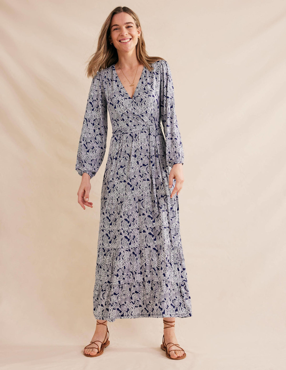 Multi Tiered Wrap Maxi Dress-Prussian Blue, Paisley Bud - Image 1