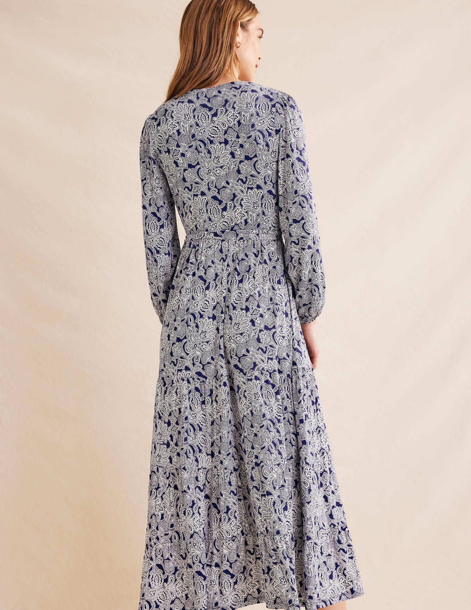 Multi Tiered Wrap Maxi Dress-Prussian Blue, Paisley Bud - Image 3