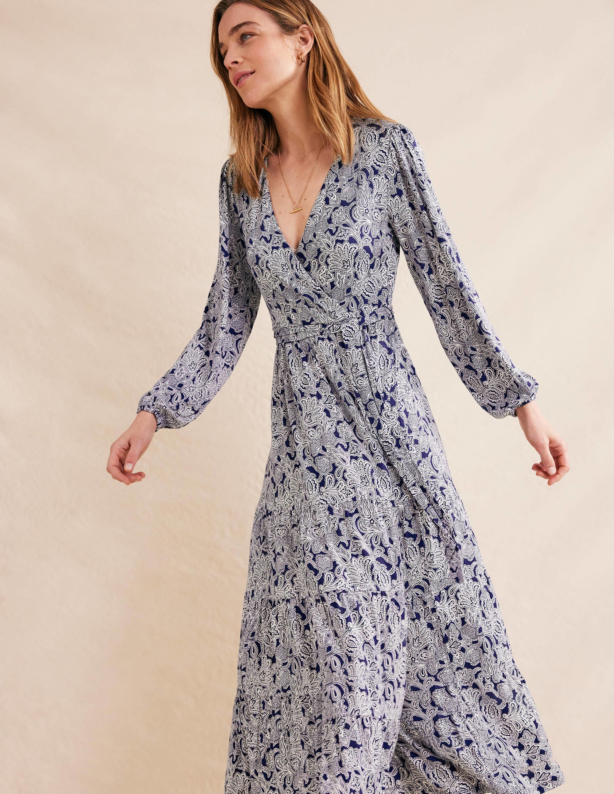 Multi Tiered Wrap Maxi Dress-Prussian Blue, Paisley Bud - Image 4