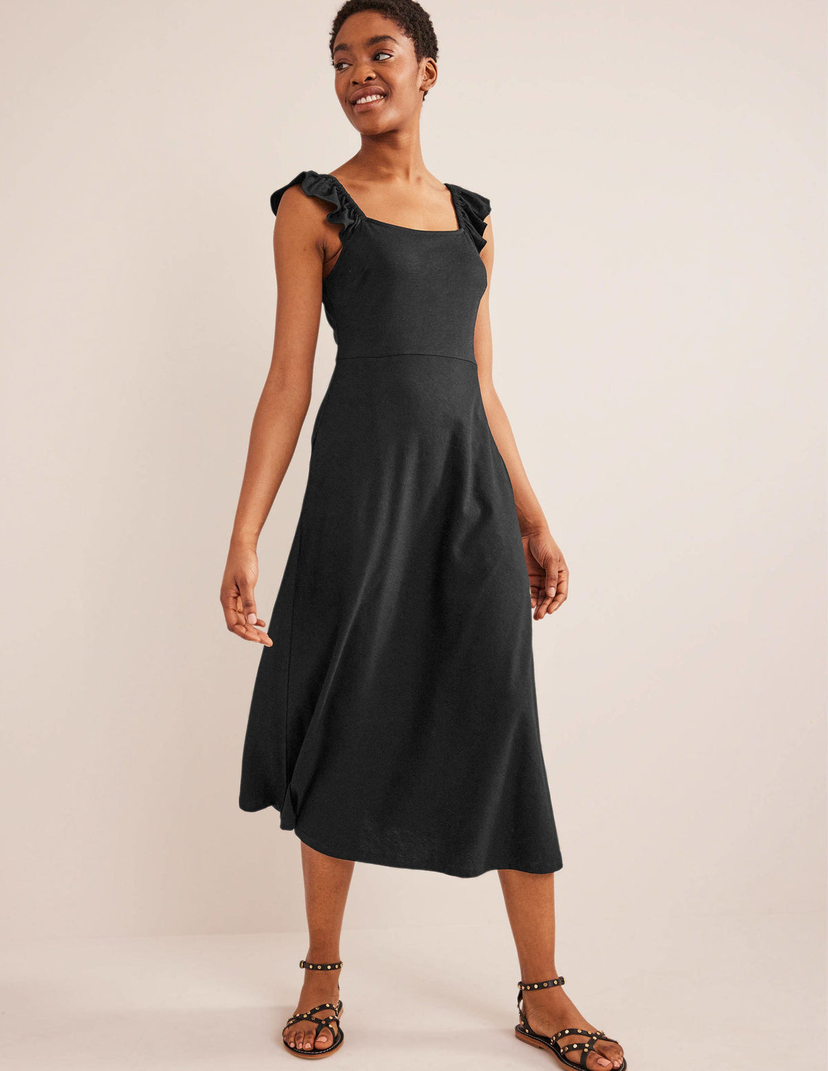 Frill Detail Jersey Midi Dress-Black-1