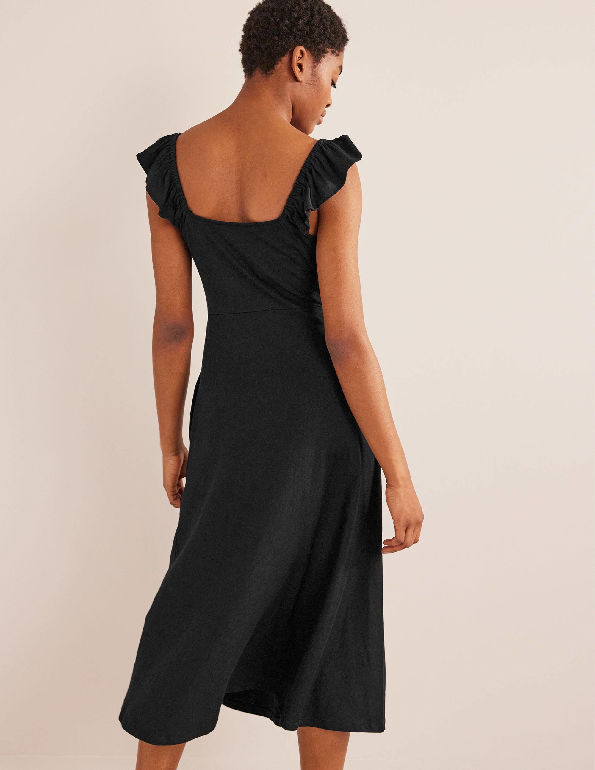 Frill Detail Jersey Midi Dress-Black - Image 3