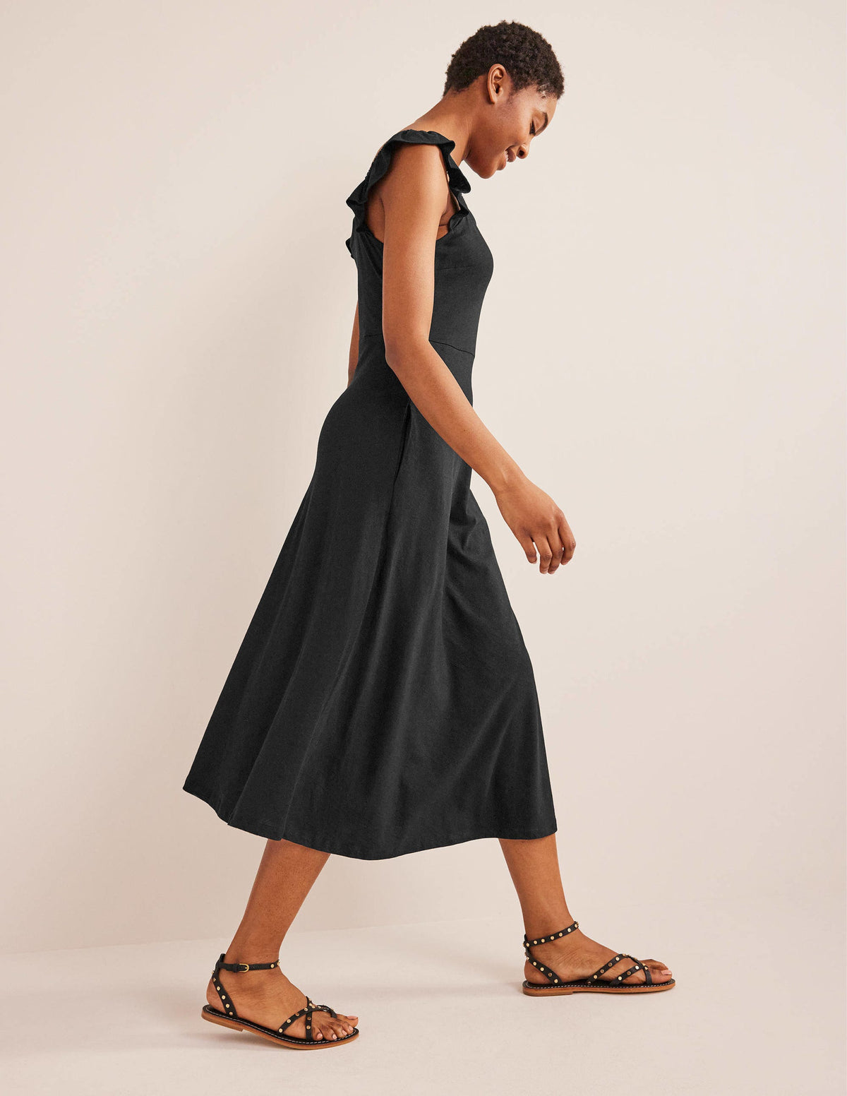 Frill Detail Jersey Midi Dress-Black-4