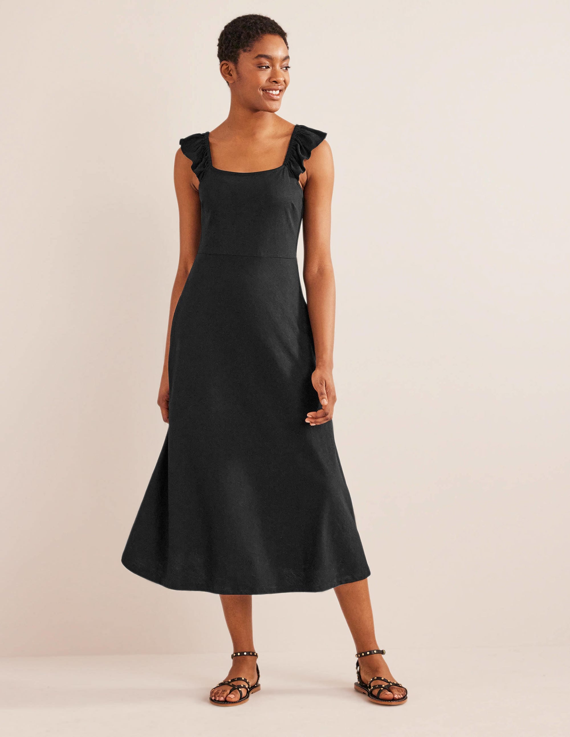 Frill Detail Jersey Midi Dress-Black - Image 5
