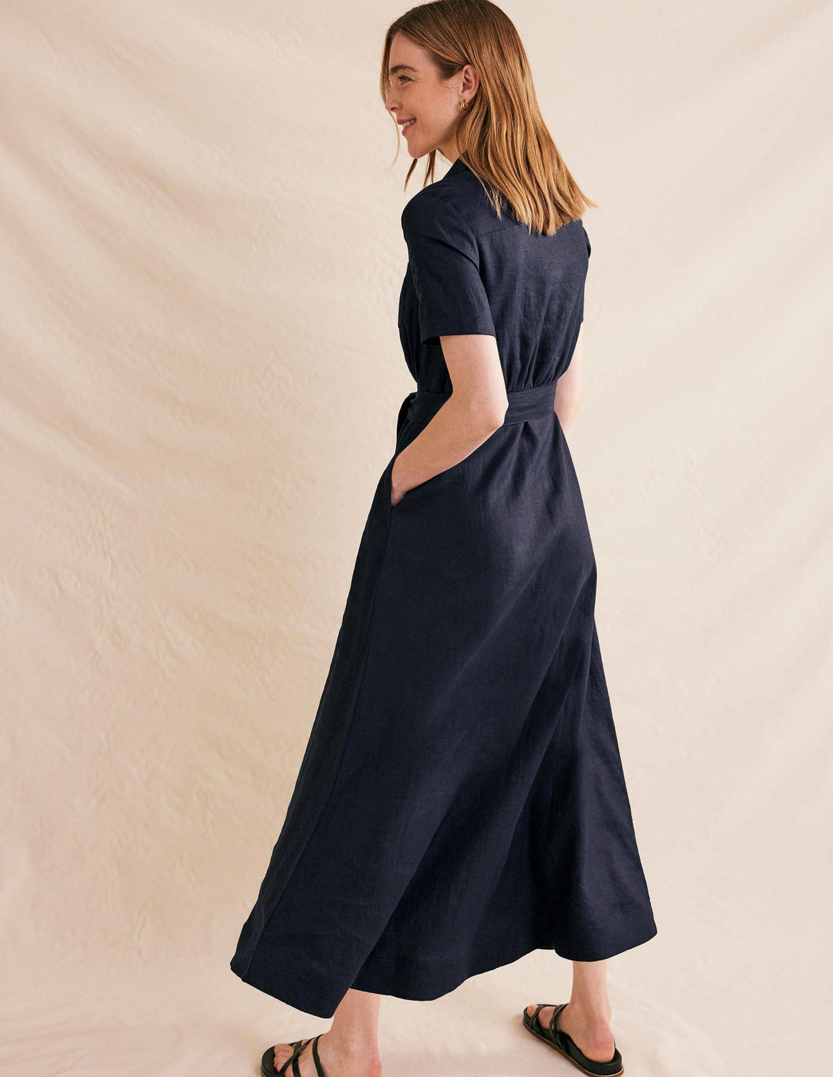 Linen Maxi Shirt Dress-Navy - Image 3