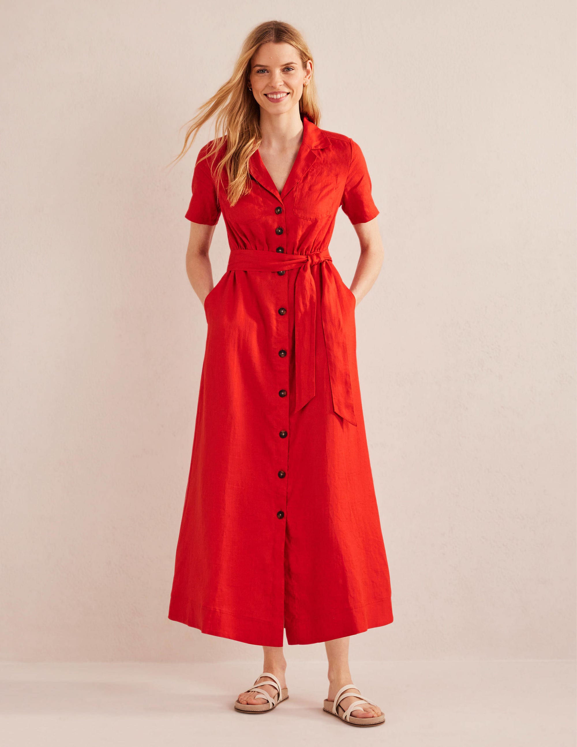 Linen Maxi Shirt Dress-Vermillion - Image 1