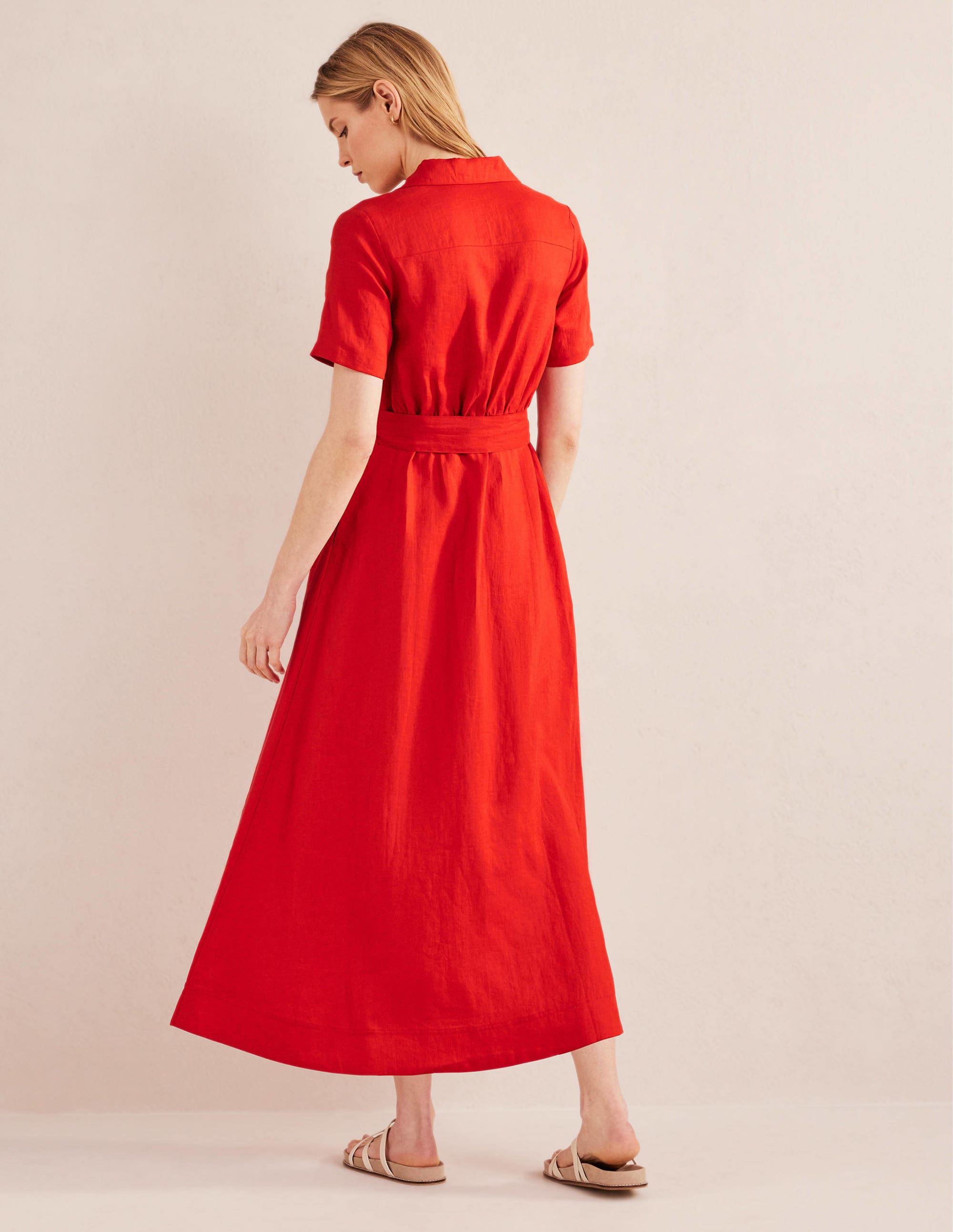 Linen Maxi Shirt Dress-Vermillion - Image 3