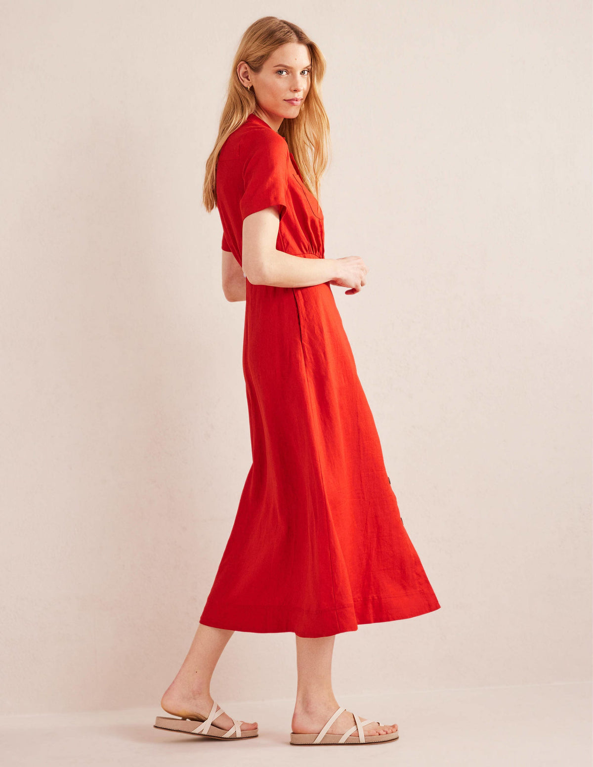 Linen Maxi Shirt Dress-Vermillion - Image 4