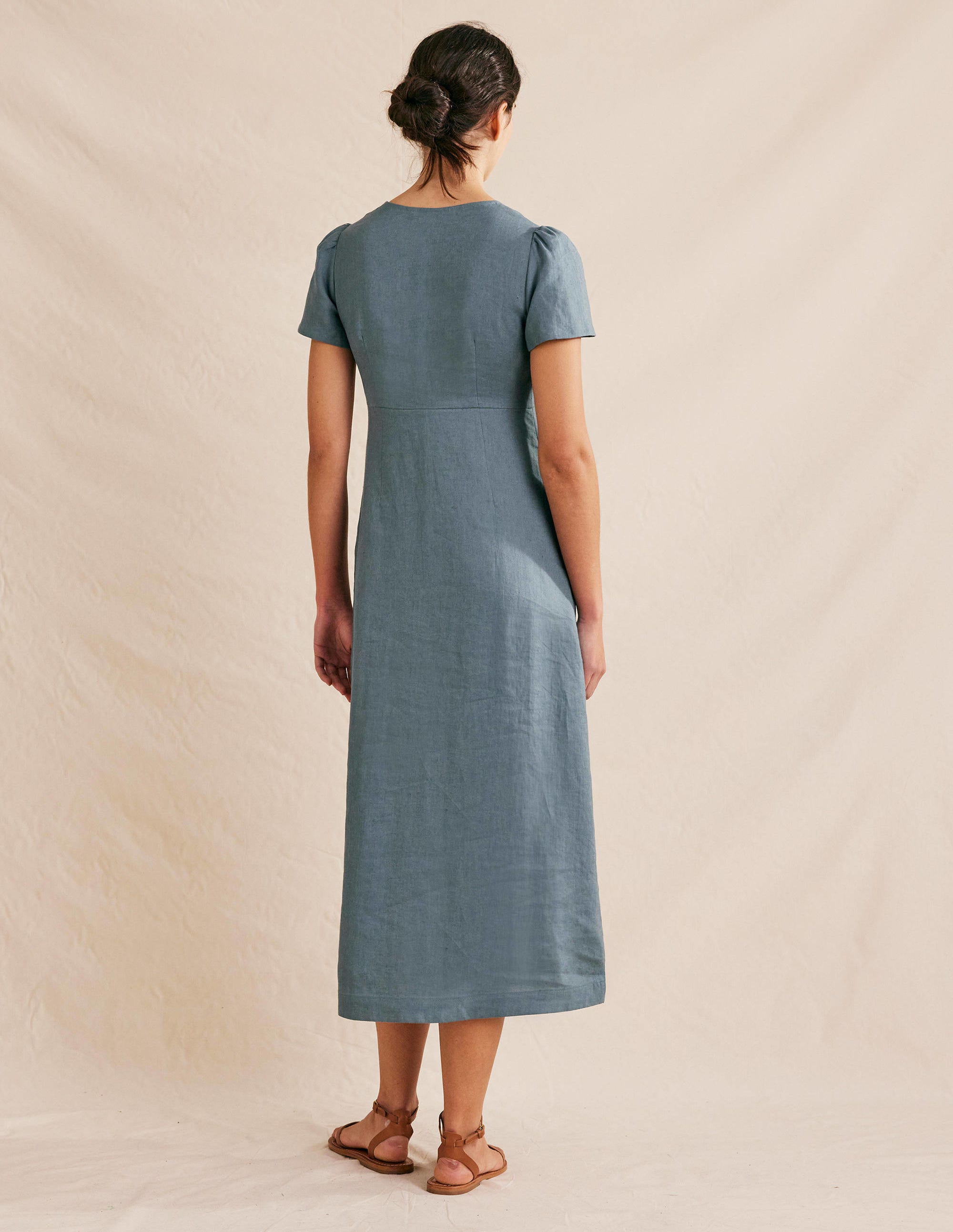 Tie Front Linen Midi Dress-Deep Sea Blue - Image 3