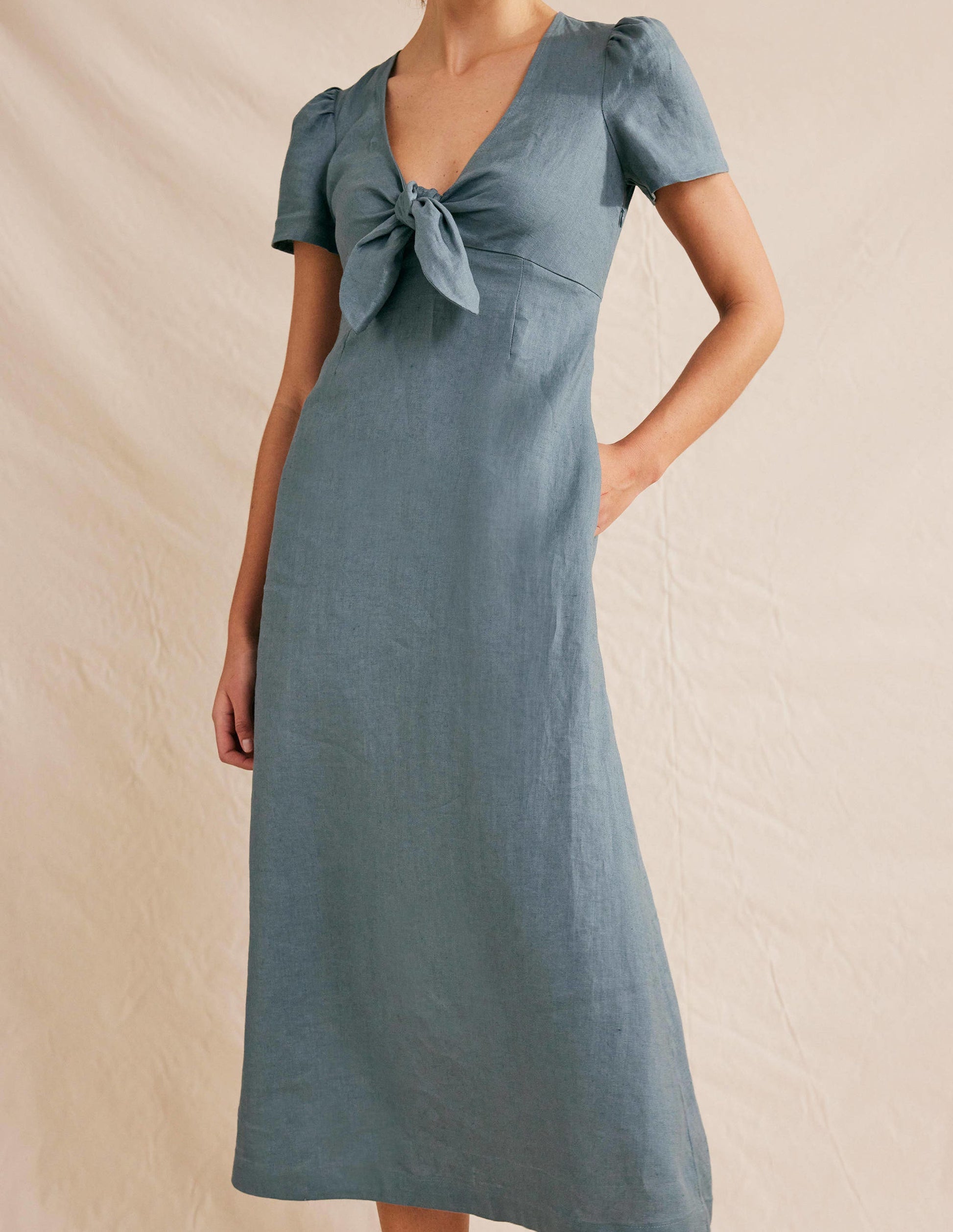 Tie Front Linen Midi Dress-Deep Sea Blue-4