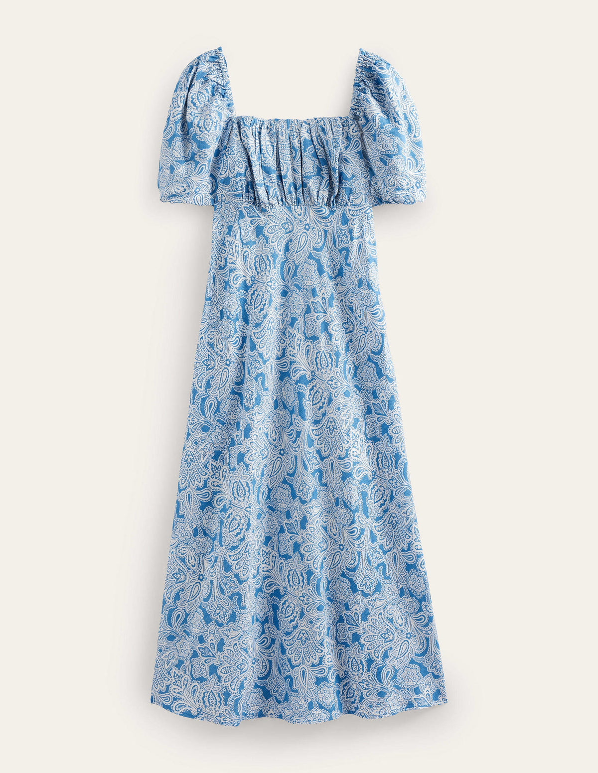 Ruched Bodice Midi Dress-Porcelain Blue, Paisley Bud-6