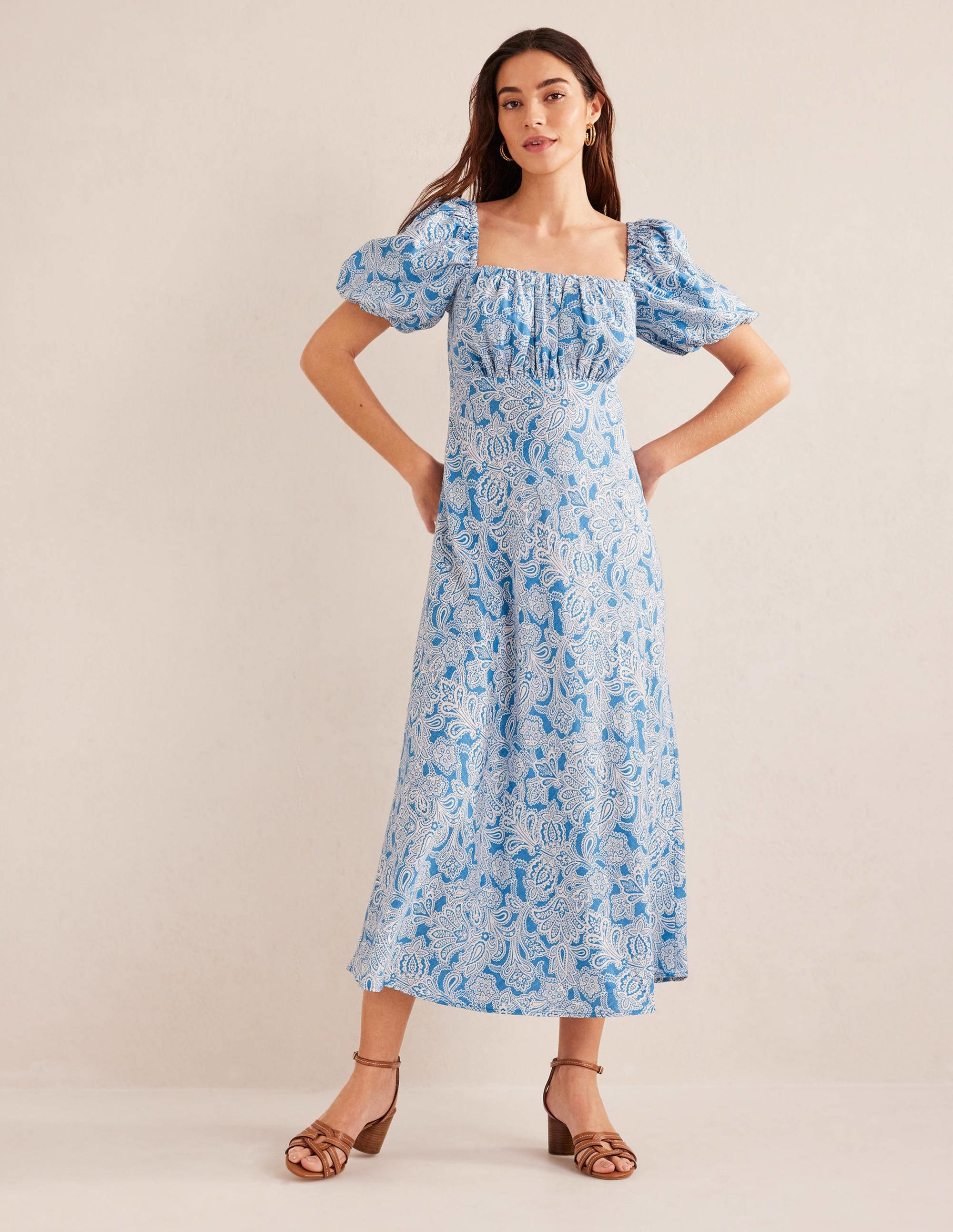 Ruched Bodice Midi Dress-Porcelain Blue, Paisley Bud - Image 1