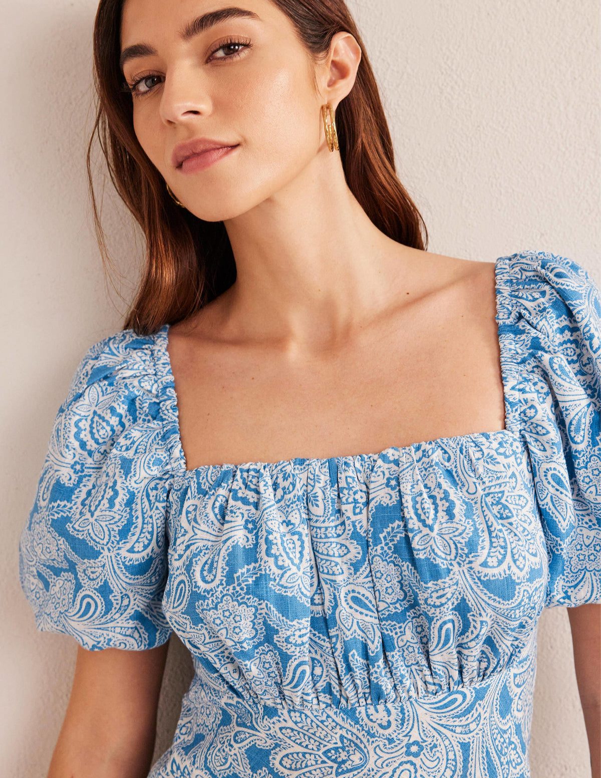 Ruched Bodice Midi Dress-Porcelain Blue, Paisley Bud-2