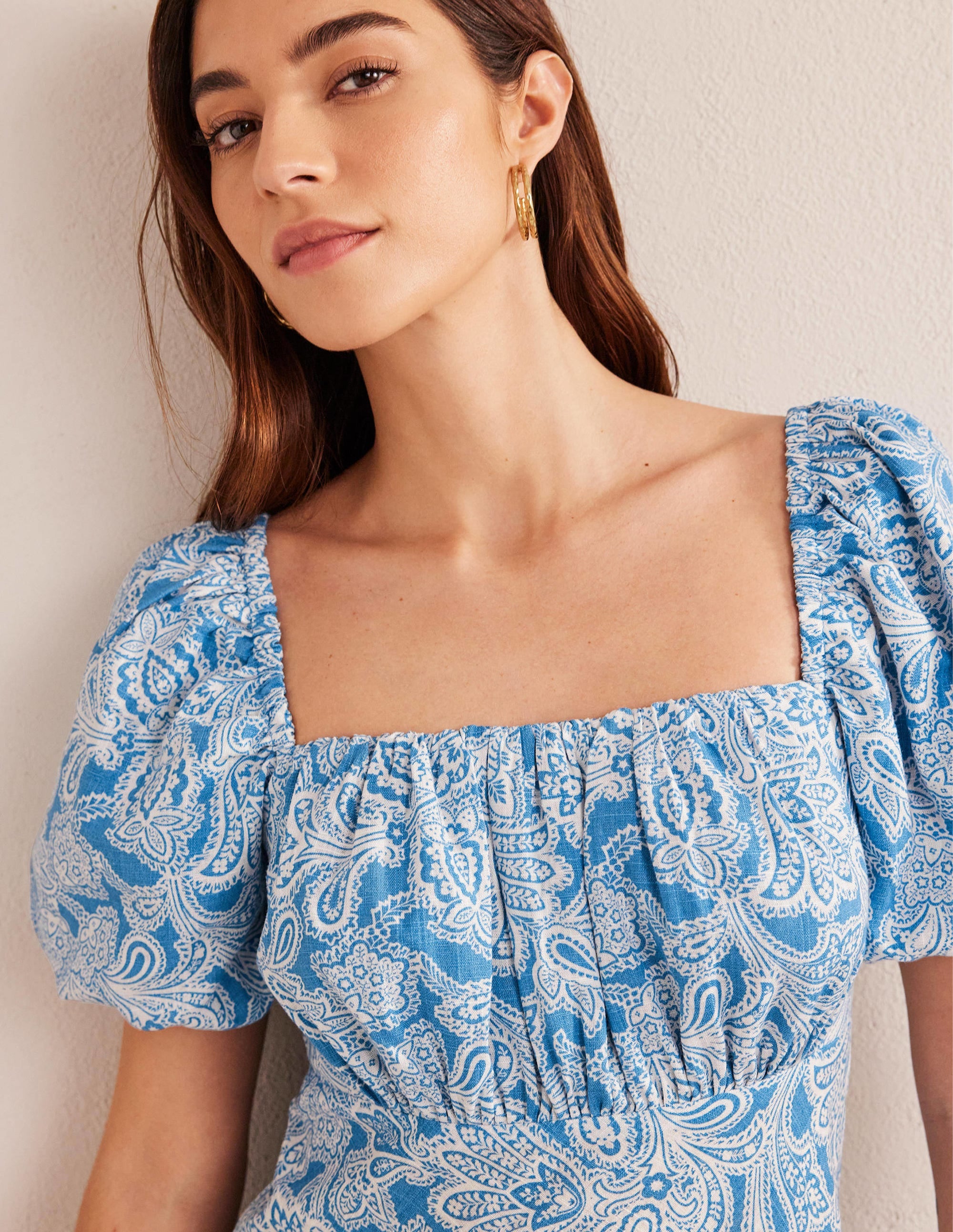 Ruched Bodice Midi Dress-Porcelain Blue, Paisley Bud - Image 2