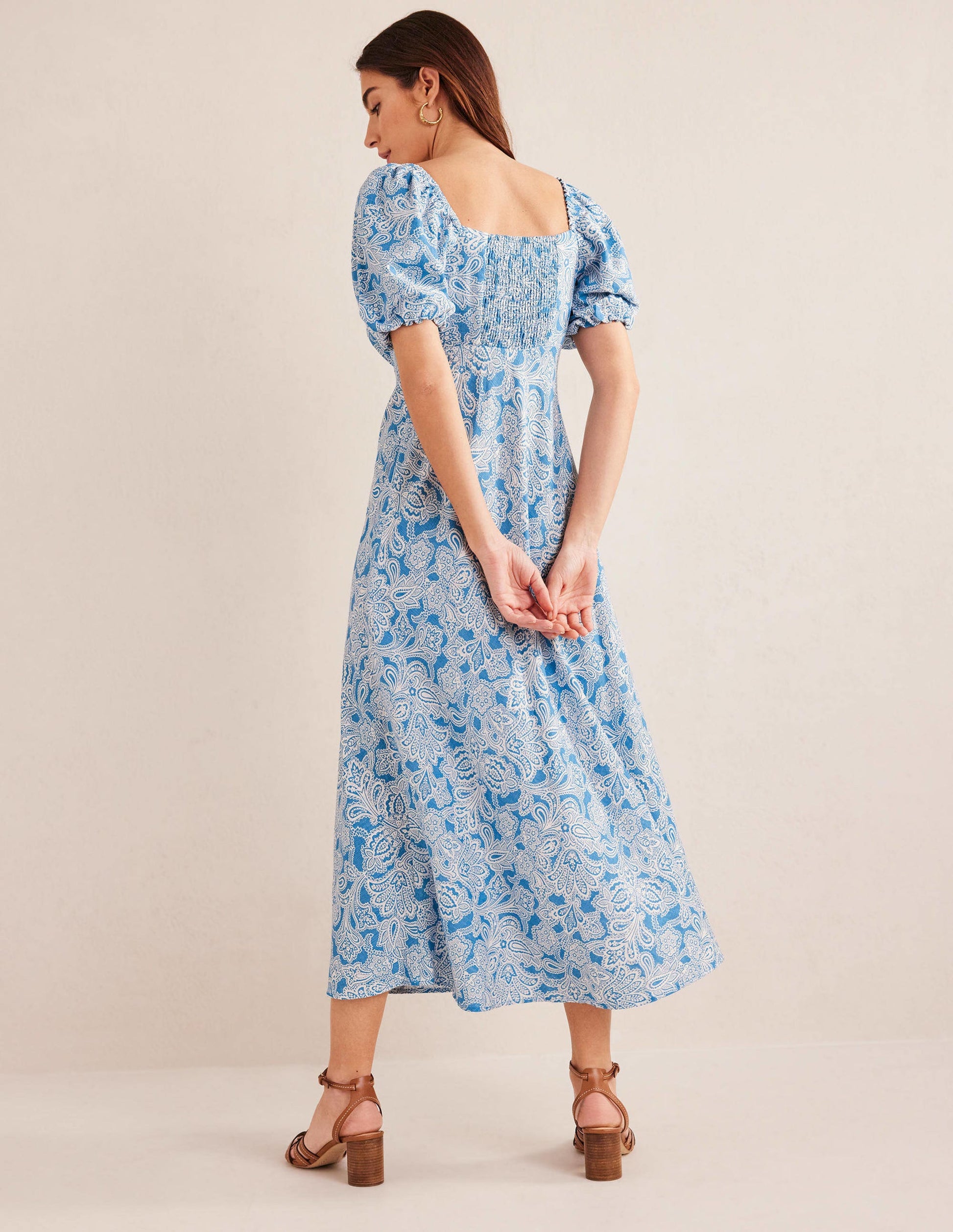 Ruched Bodice Midi Dress-Porcelain Blue, Paisley Bud-3