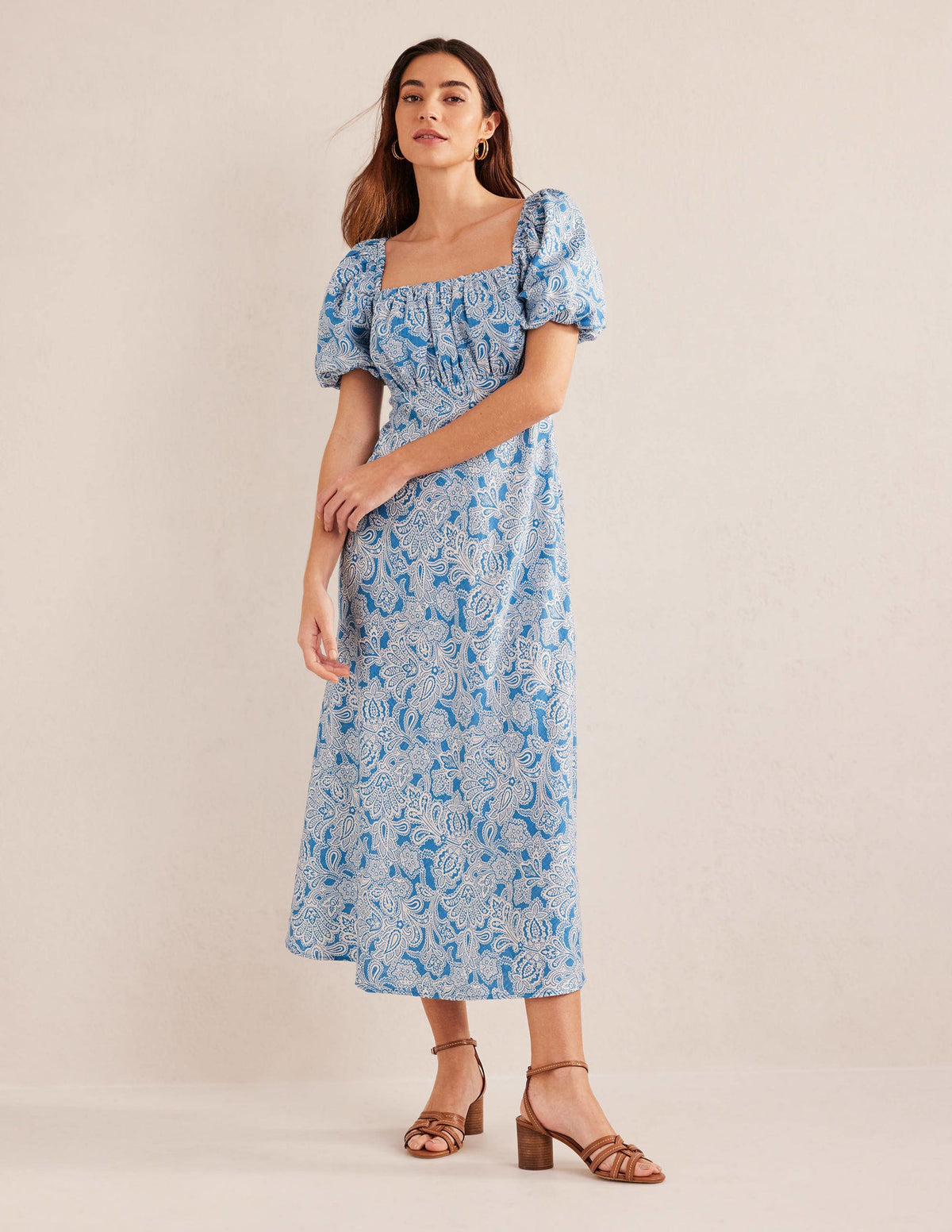 Ruched Bodice Midi Dress-Porcelain Blue, Paisley Bud-5