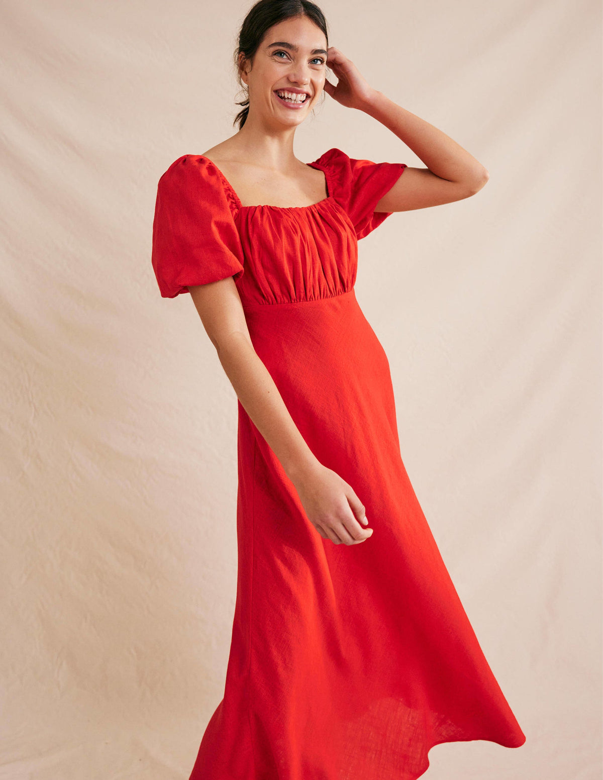 Ruched Bodice Midi Dress-Vermillion-1