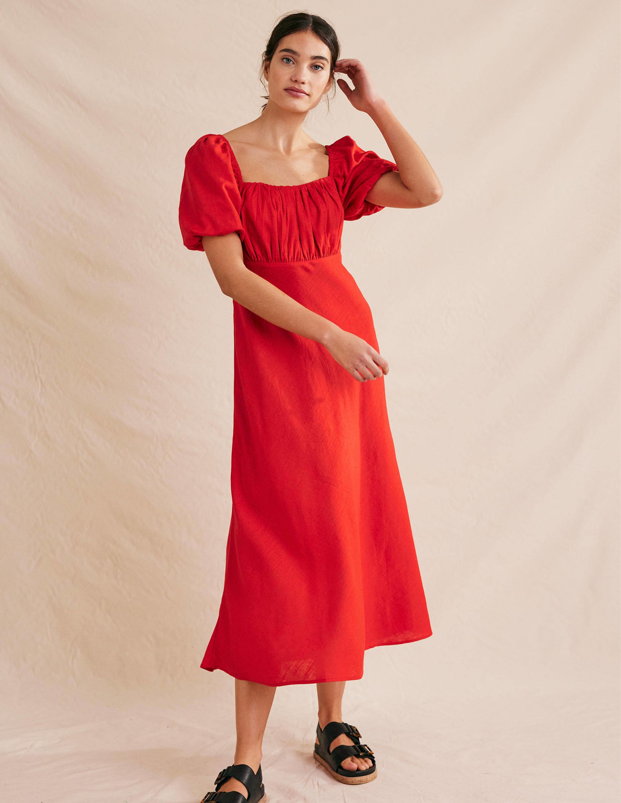 Ruched Bodice Midi Dress-Vermillion - Image 5