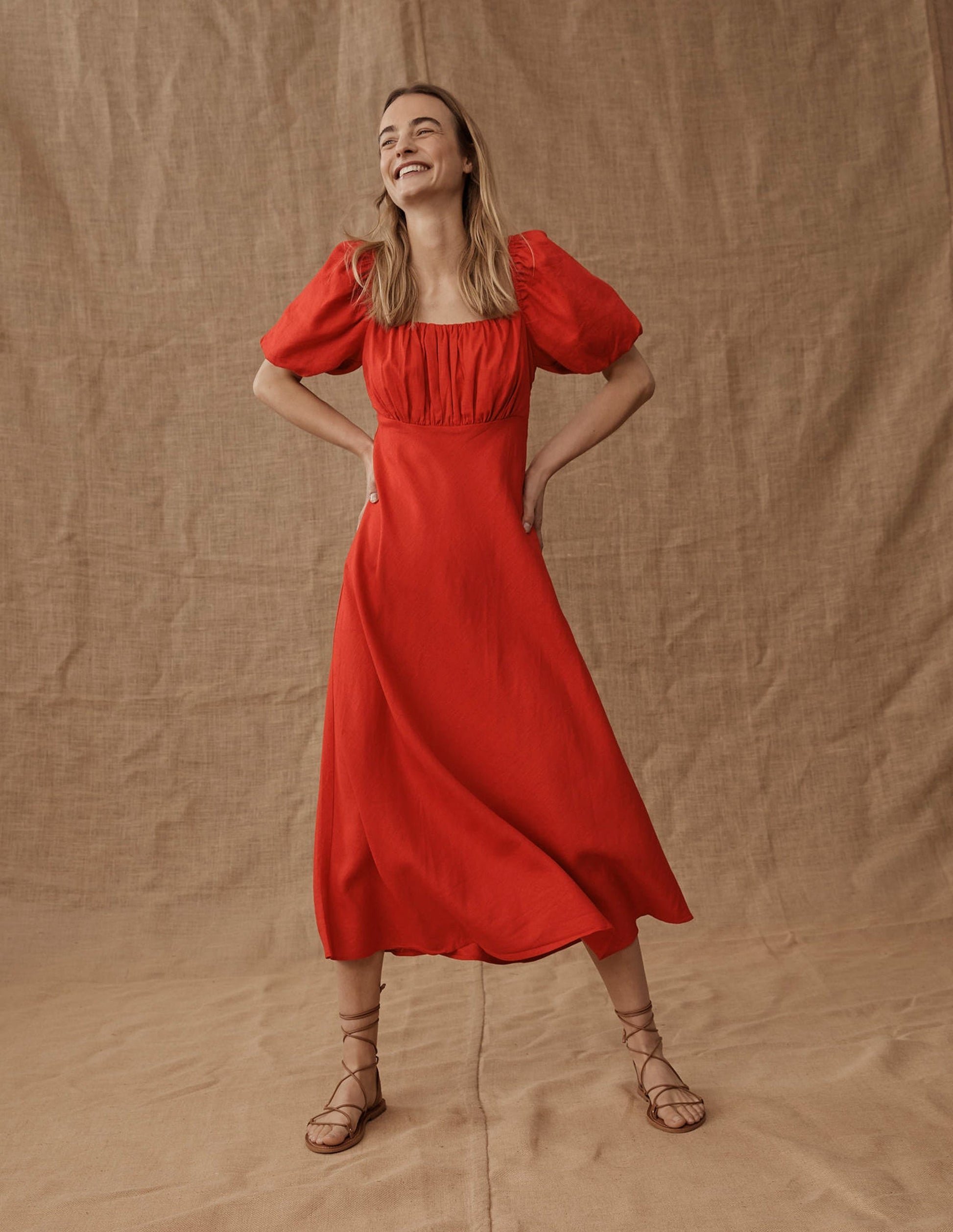 Ruched Bodice Midi Dress-Vermillion-6