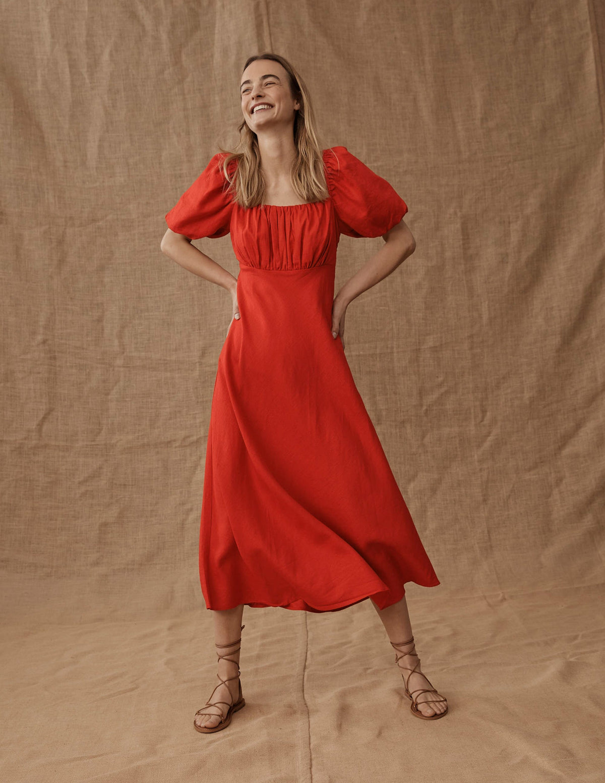 Ruched Bodice Midi Dress-Vermillion - Image 6
