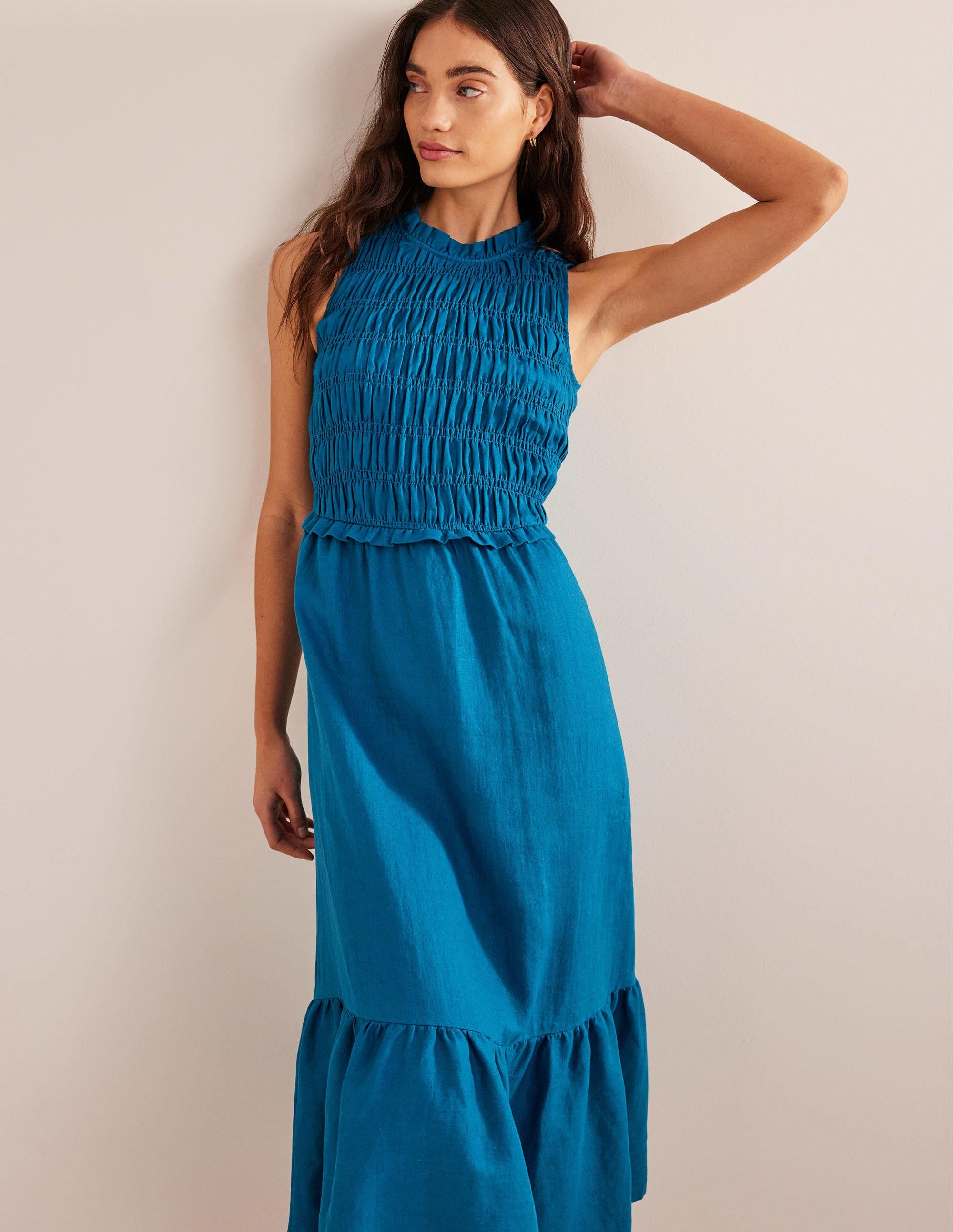 Smocked Linen Midi Dress-Crystal Teal - Image 1