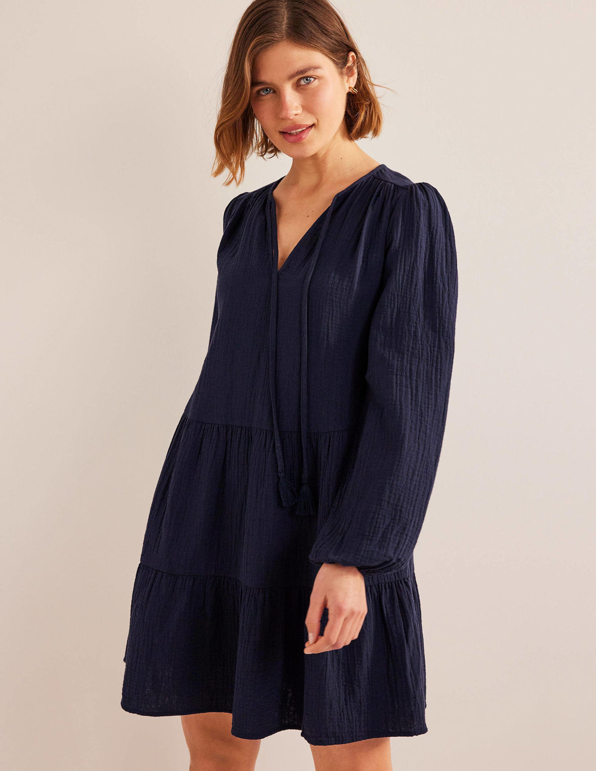 Cheesecloth Mini Dress-Navy - Image 1