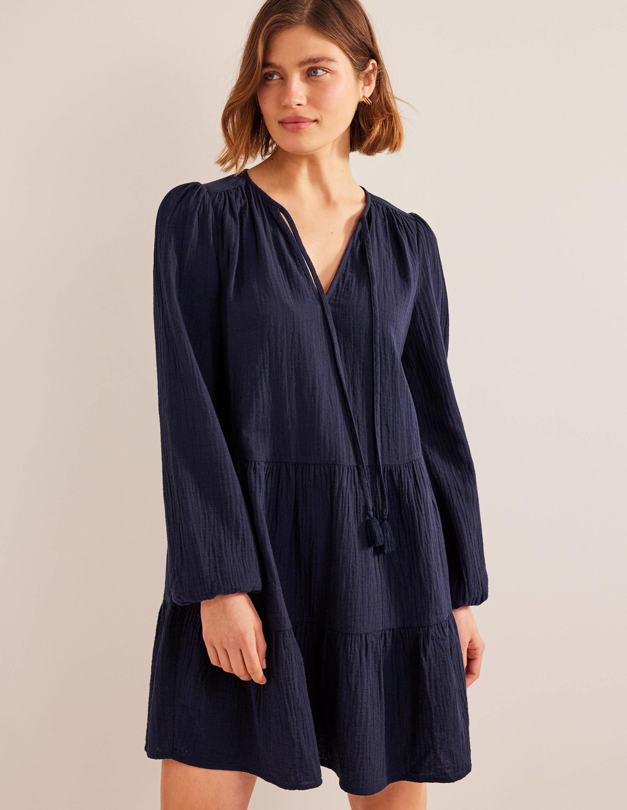 Cheesecloth Mini Dress-Navy - Image 4