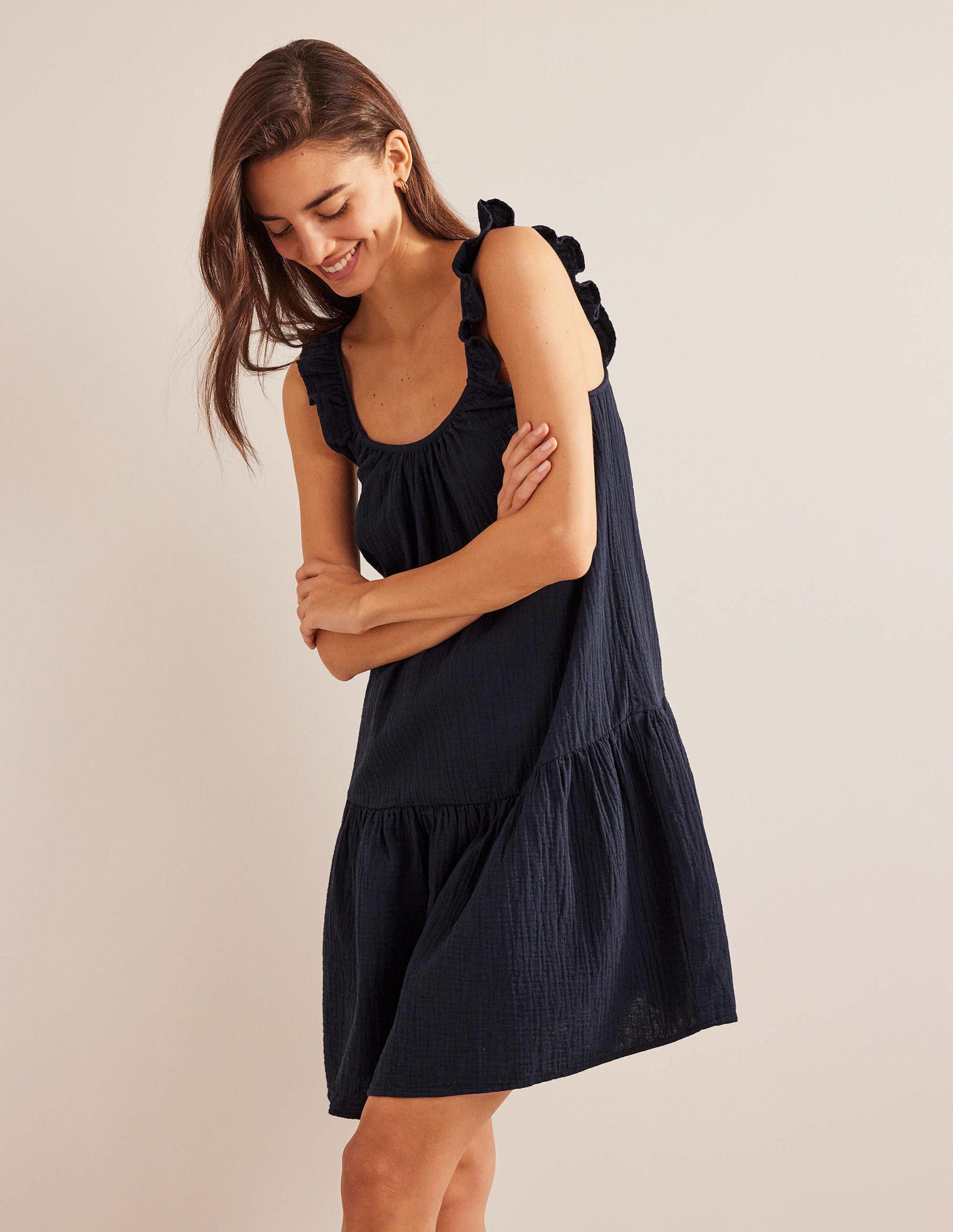 Strappy Cheesecloth Dress-Navy-4