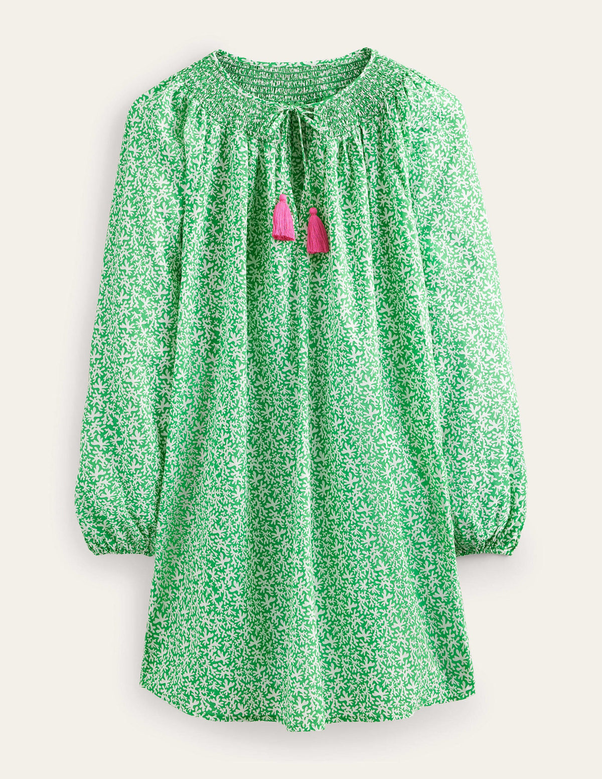 Smocked Neck Beach Kaftan-Bright Green, Abstract Foliage - Image 5