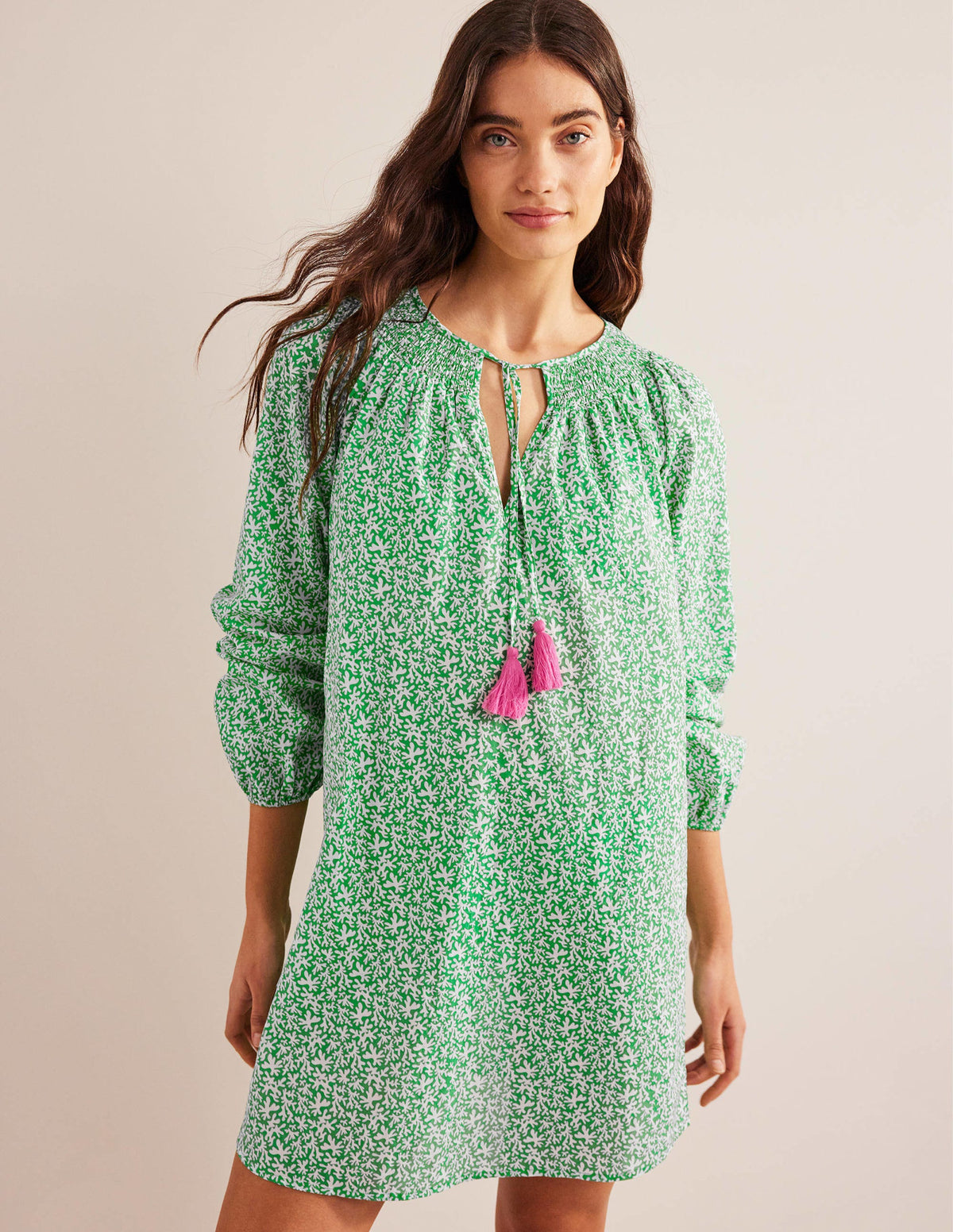 Smocked Neck Beach Kaftan-Bright Green, Abstract Foliage-1