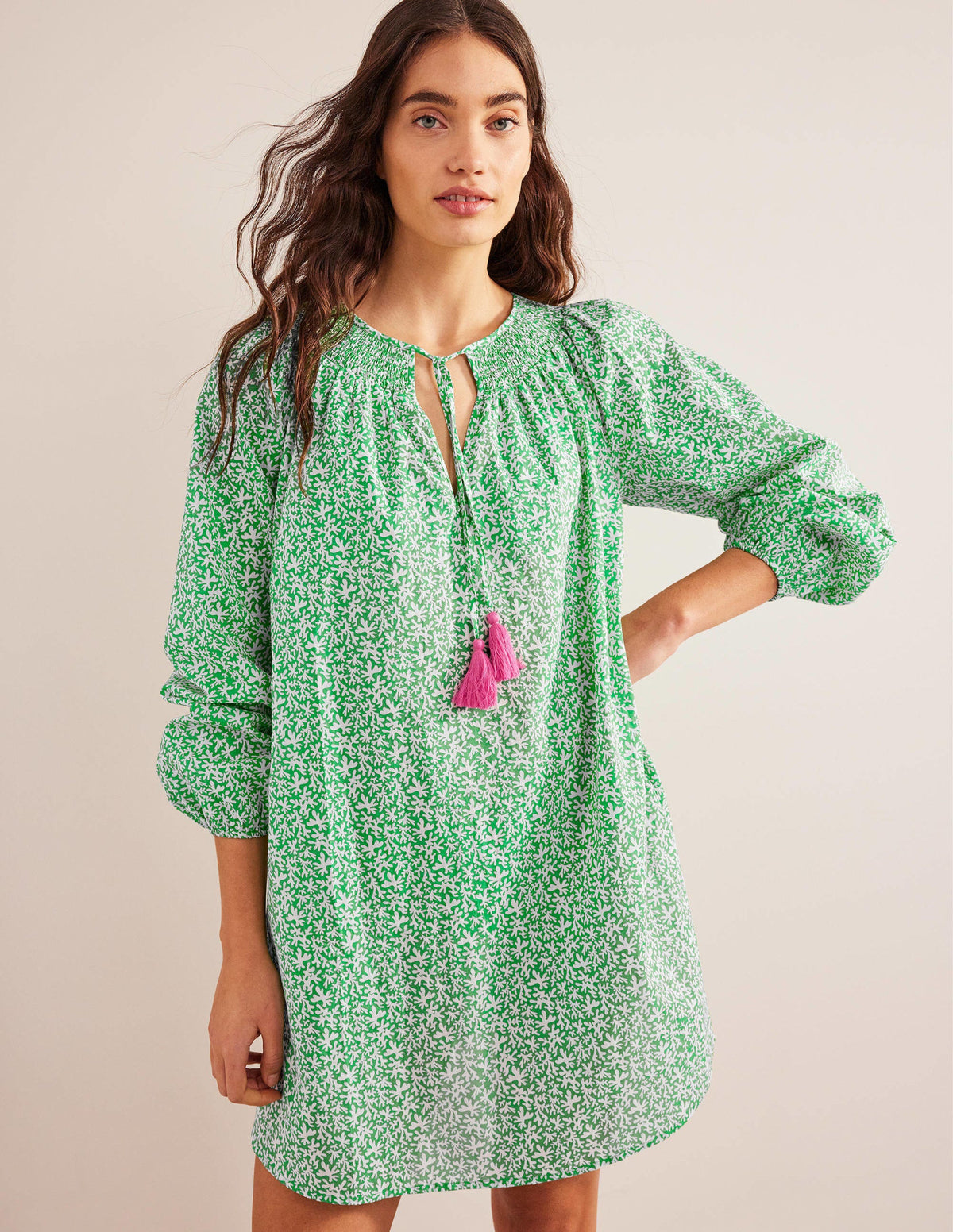Smocked Neck Beach Kaftan-Bright Green, Abstract Foliage-4
