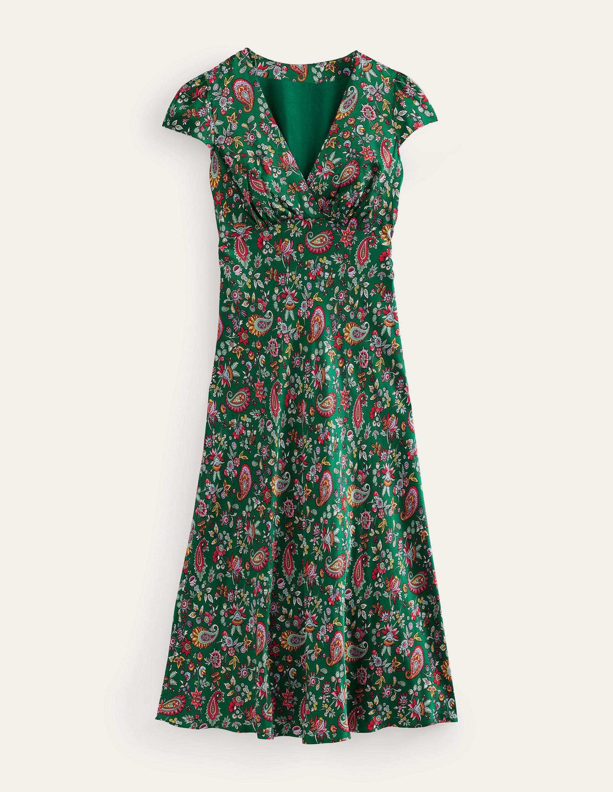 Satin Empire Midi Tea Dress-Green, Dandelion Paisley - Image 6