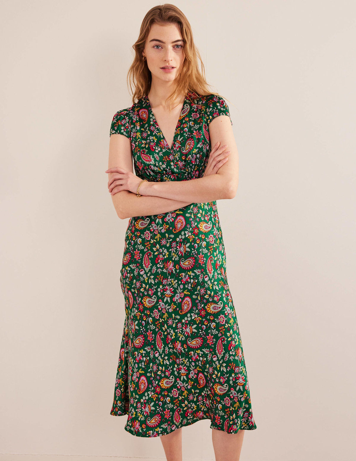 Satin Empire Midi Tea Dress-Green, Dandelion Paisley-1