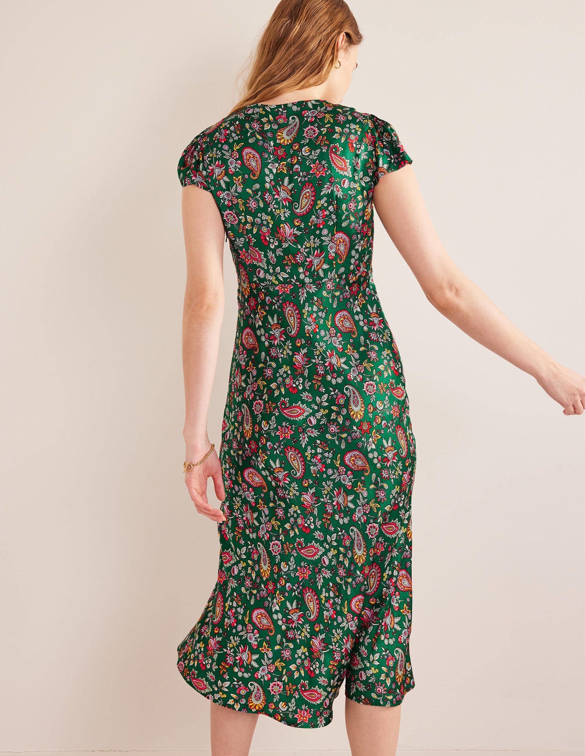 Satin Empire Midi Tea Dress-Green, Dandelion Paisley-3