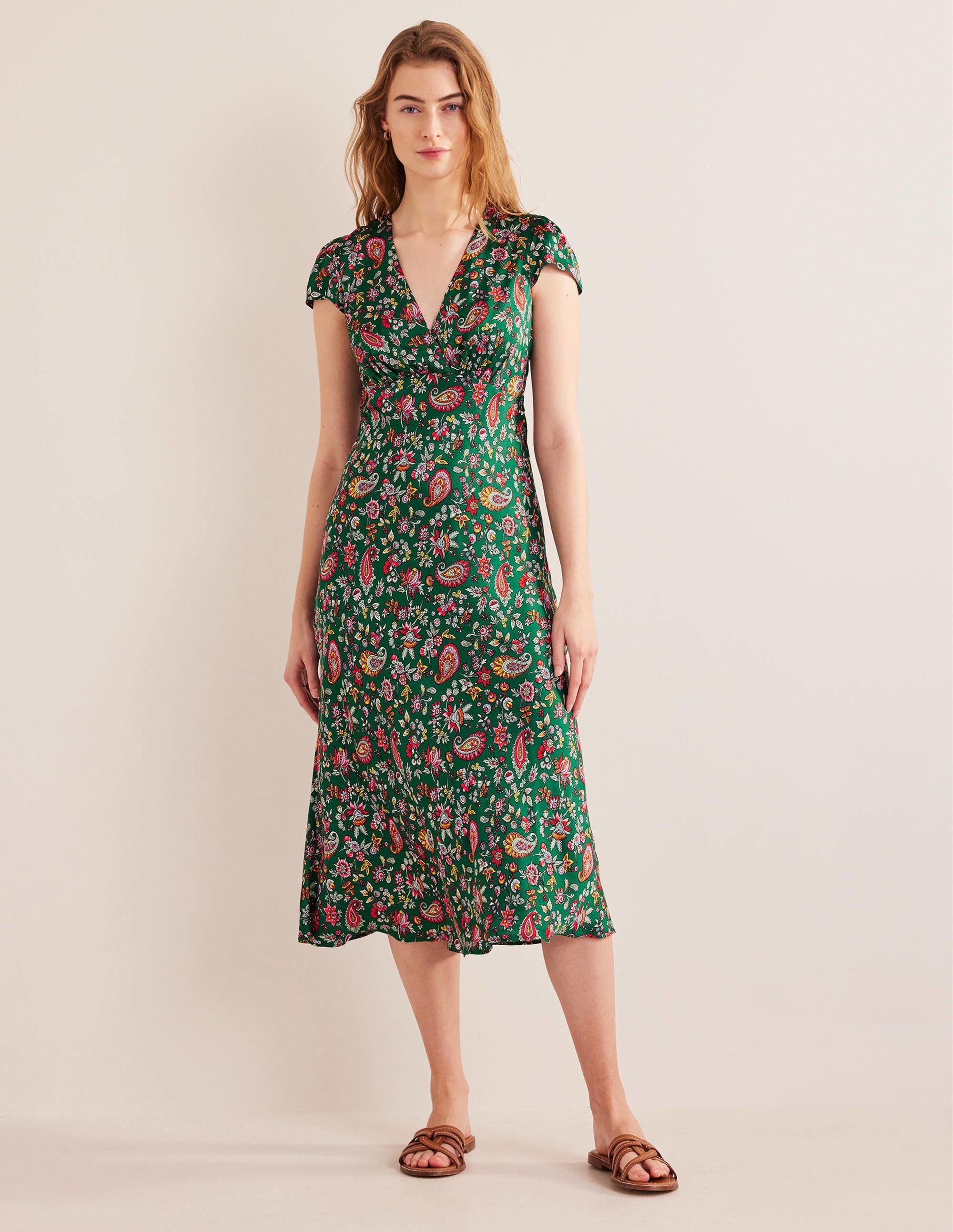 Satin Empire Midi Tea Dress-Green, Dandelion Paisley - Image 4