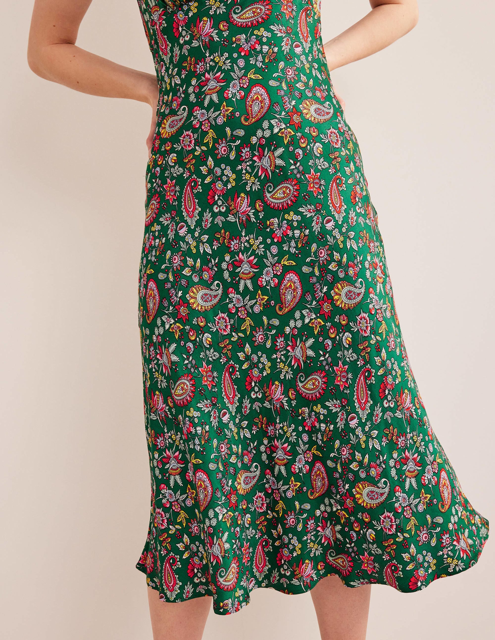 Satin Empire Midi Tea Dress-Green, Dandelion Paisley - Image 5