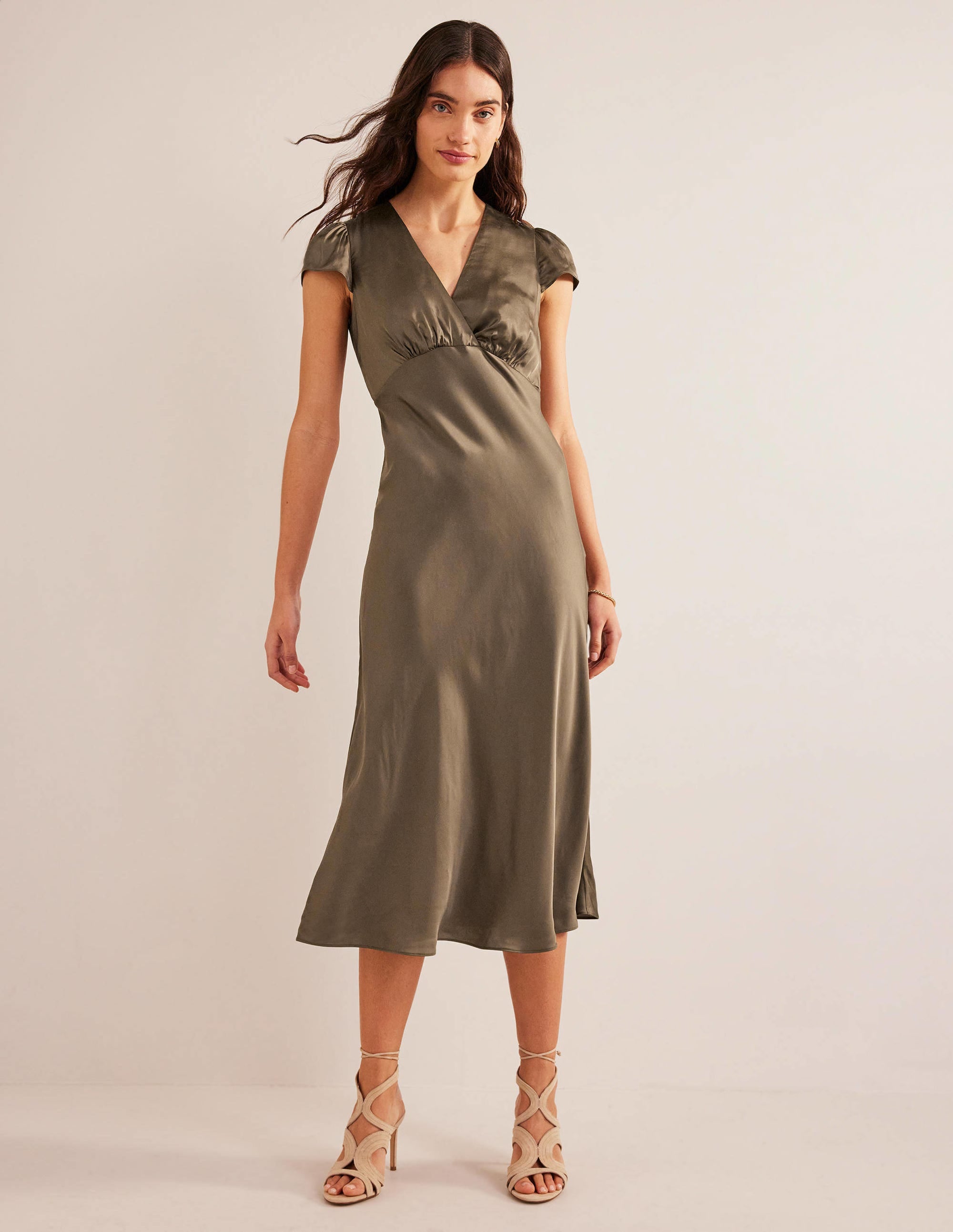 Satin Empire Midi Tea Dress-Khaki - Image 4