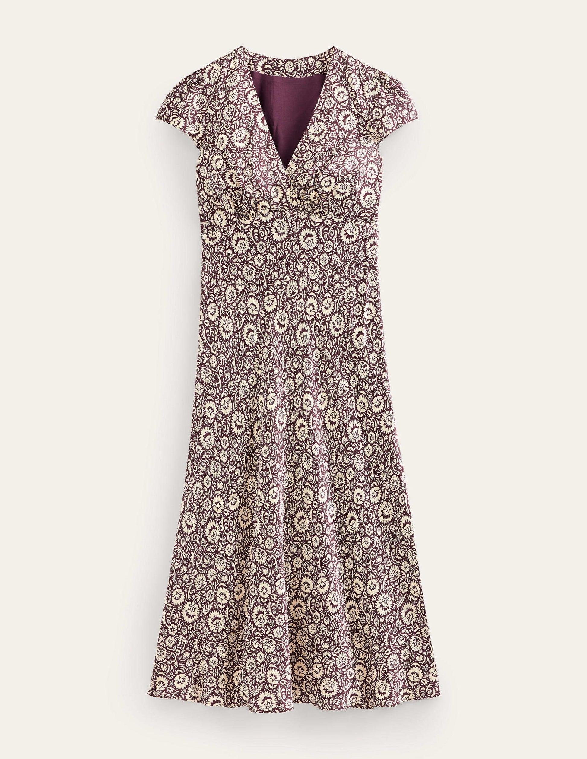 Satin Empire Midi Tea Dress-Dark Burgundy, Bloom Cascade-6