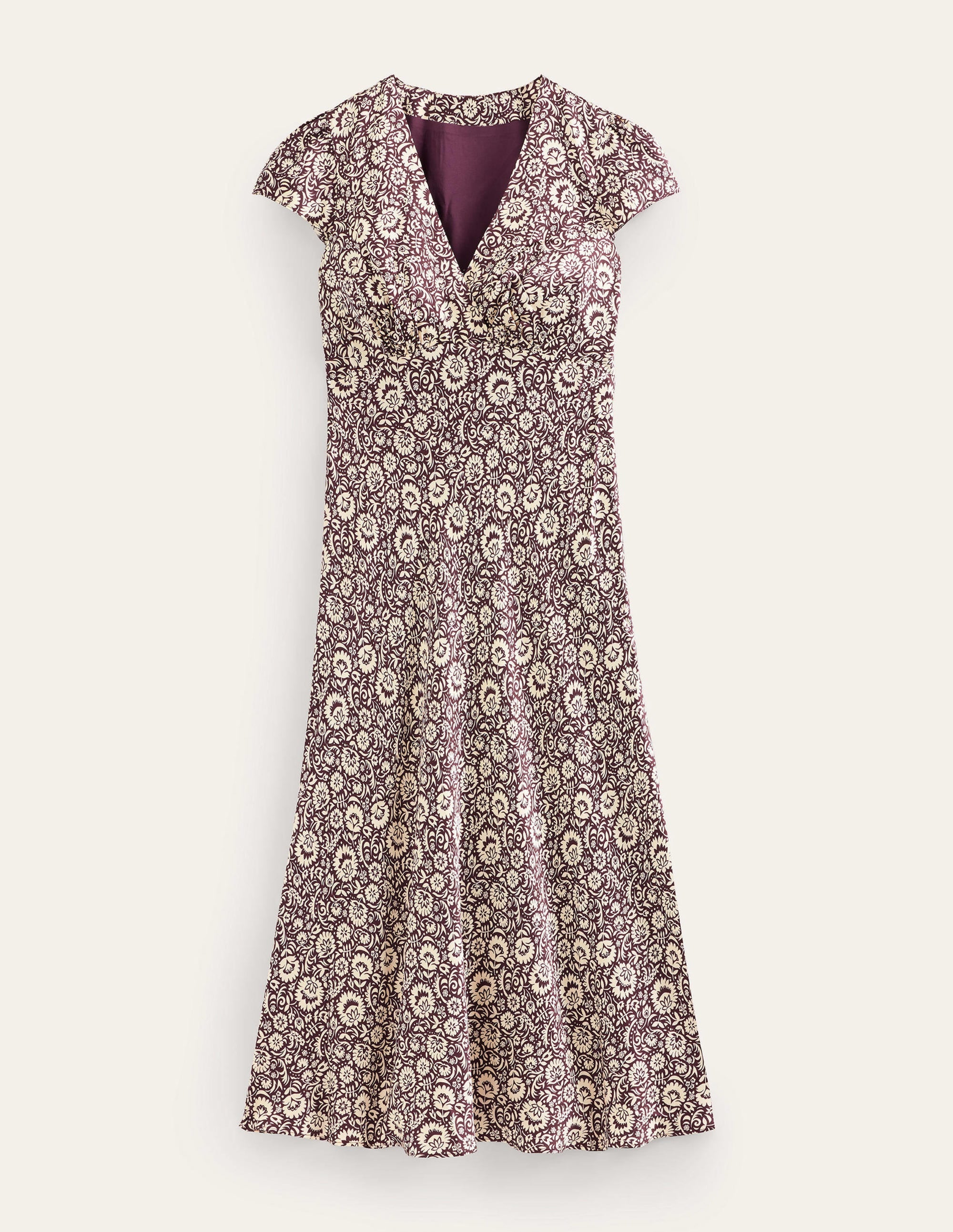Satin Empire Midi Tea Dress-Dark Burgundy, Bloom Cascade - Image 6