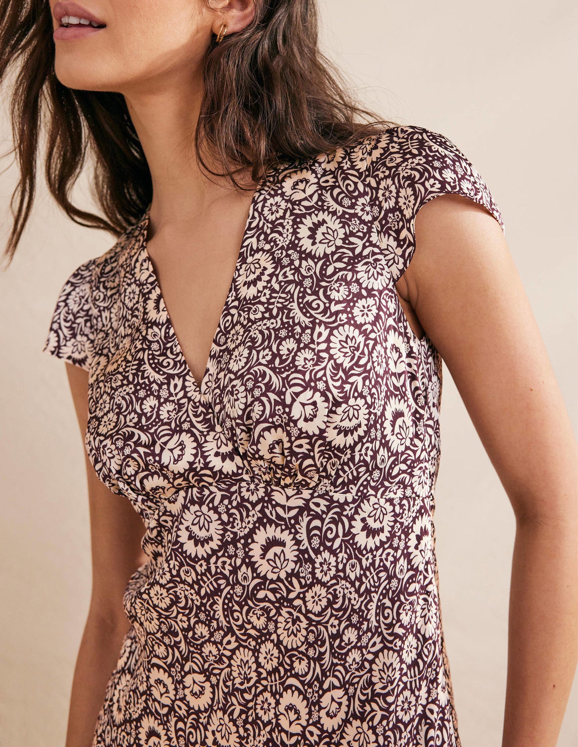 Satin Empire Midi Tea Dress-Dark Burgundy, Bloom Cascade-2