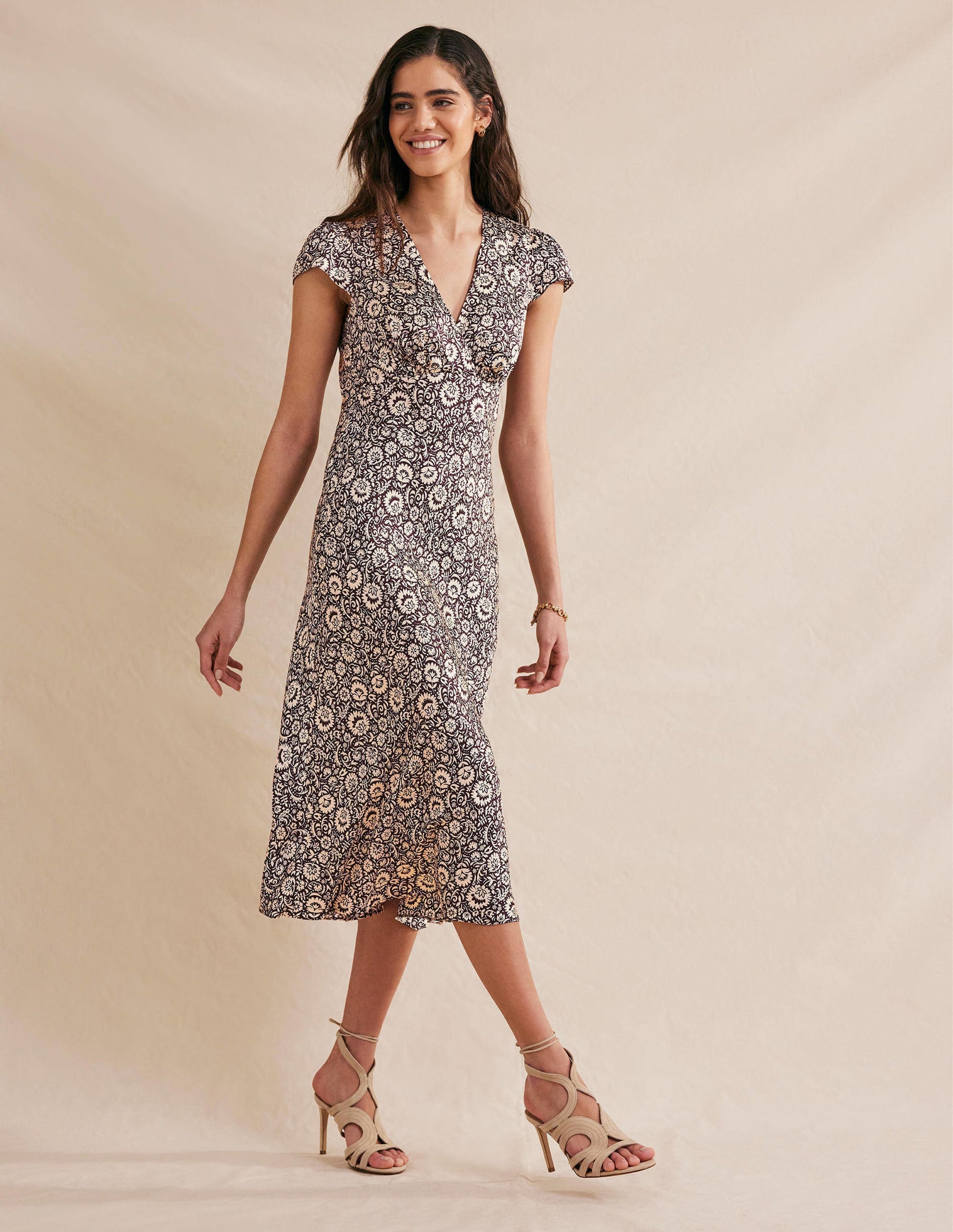Satin Empire Midi Tea Dress-Dark Burgundy, Bloom Cascade-4