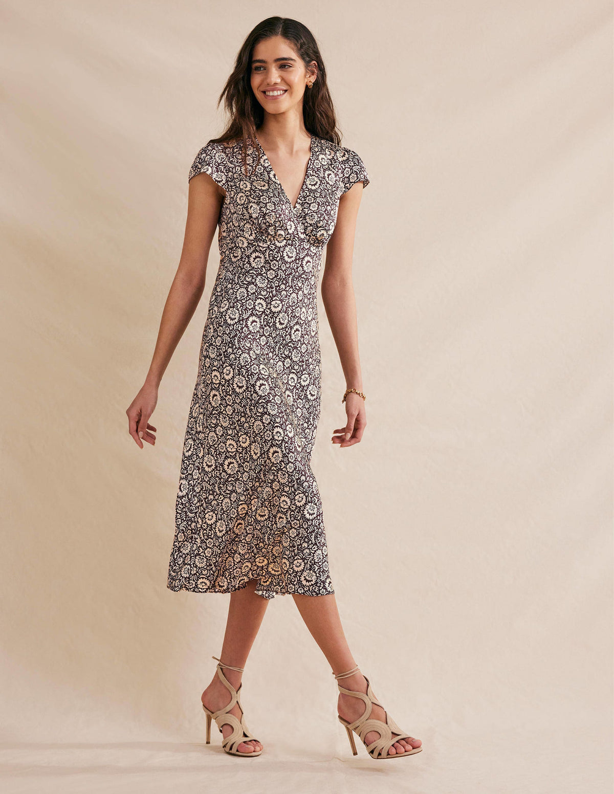 Satin Empire Midi Tea Dress-Dark Burgundy, Bloom Cascade - Image 4