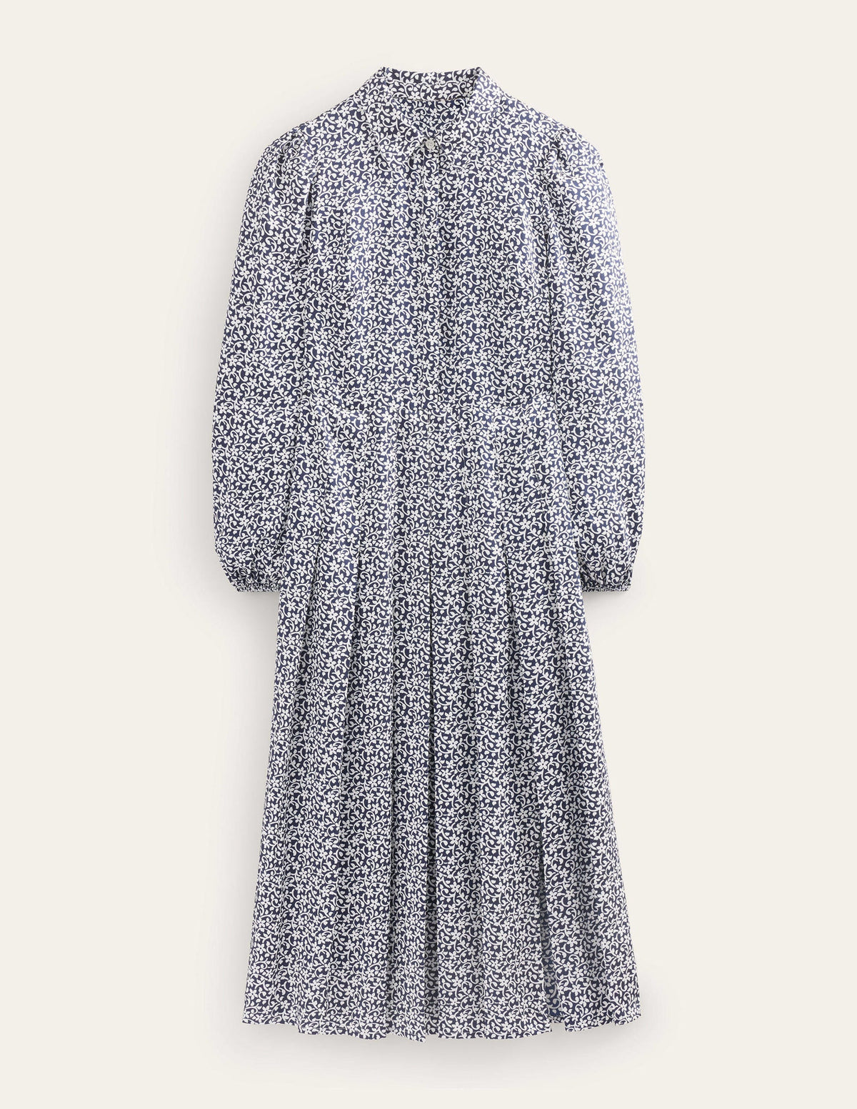 Pleated Skirt Midi Shirt Dress-Navy, Flower Stem - Image 7