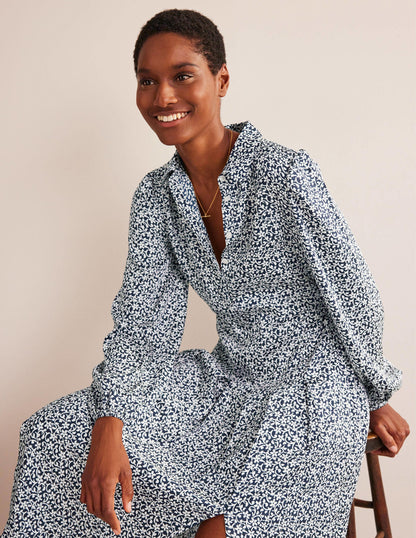 Pleated Skirt Midi Shirt Dress-Navy, Flower Stem-1