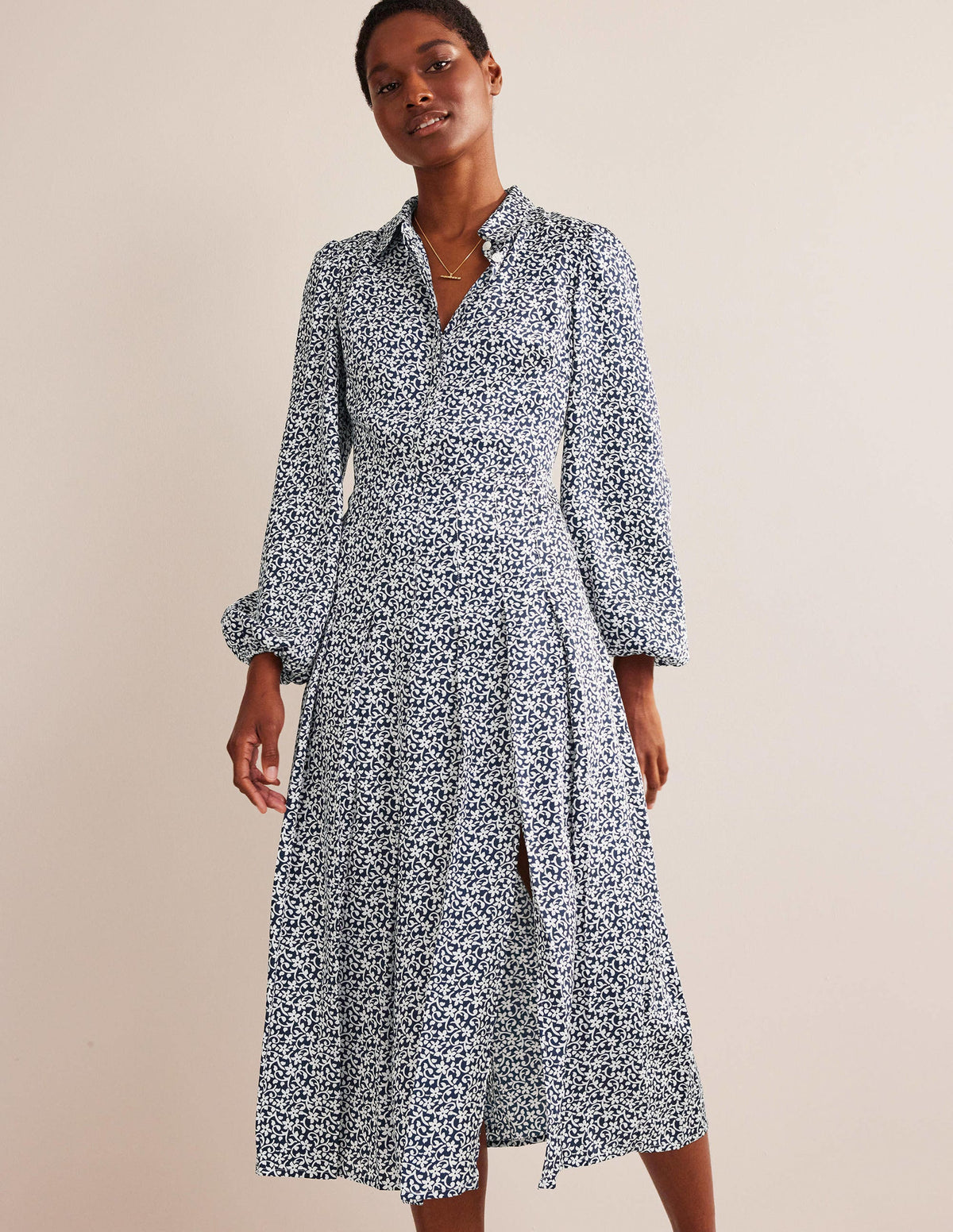 Pleated Skirt Midi Shirt Dress-Navy, Flower Stem - Image 2