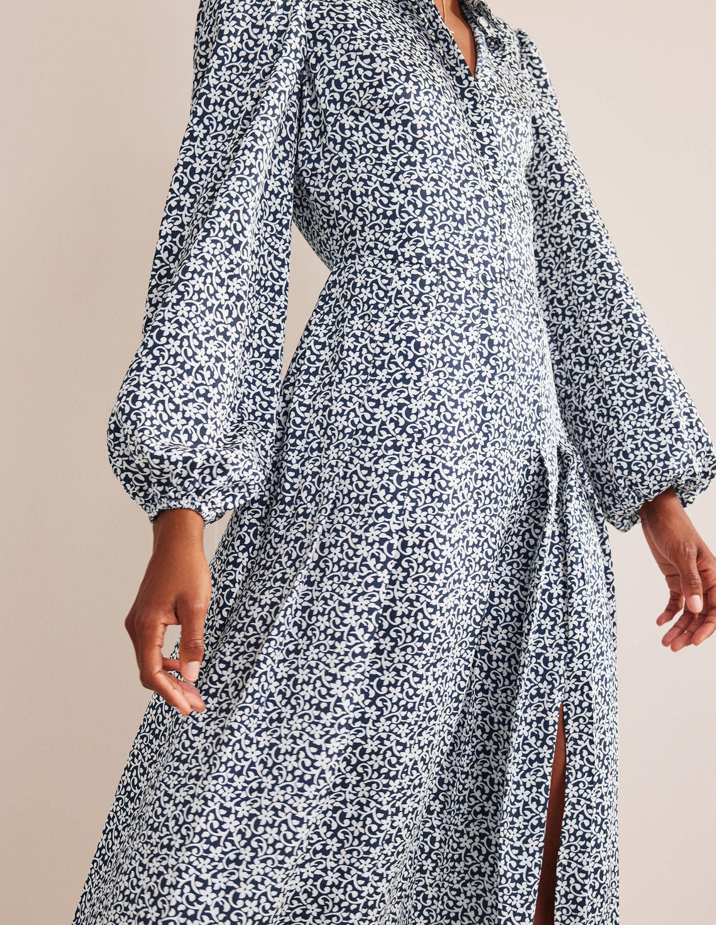 Pleated Skirt Midi Shirt Dress-Navy, Flower Stem