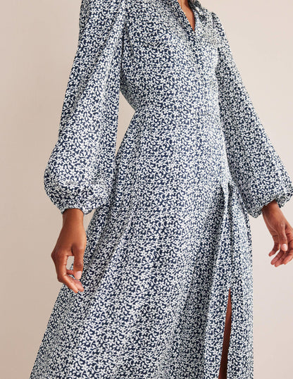 Pleated Skirt Midi Shirt Dress-Navy, Flower Stem-3