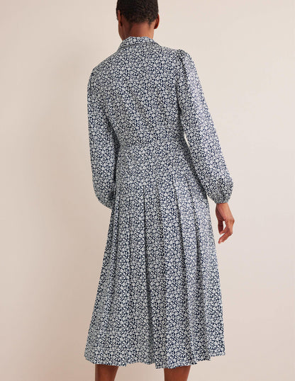 Pleated Skirt Midi Shirt Dress-Navy, Flower Stem-4