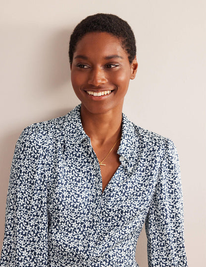 Pleated Skirt Midi Shirt Dress-Navy, Flower Stem-5